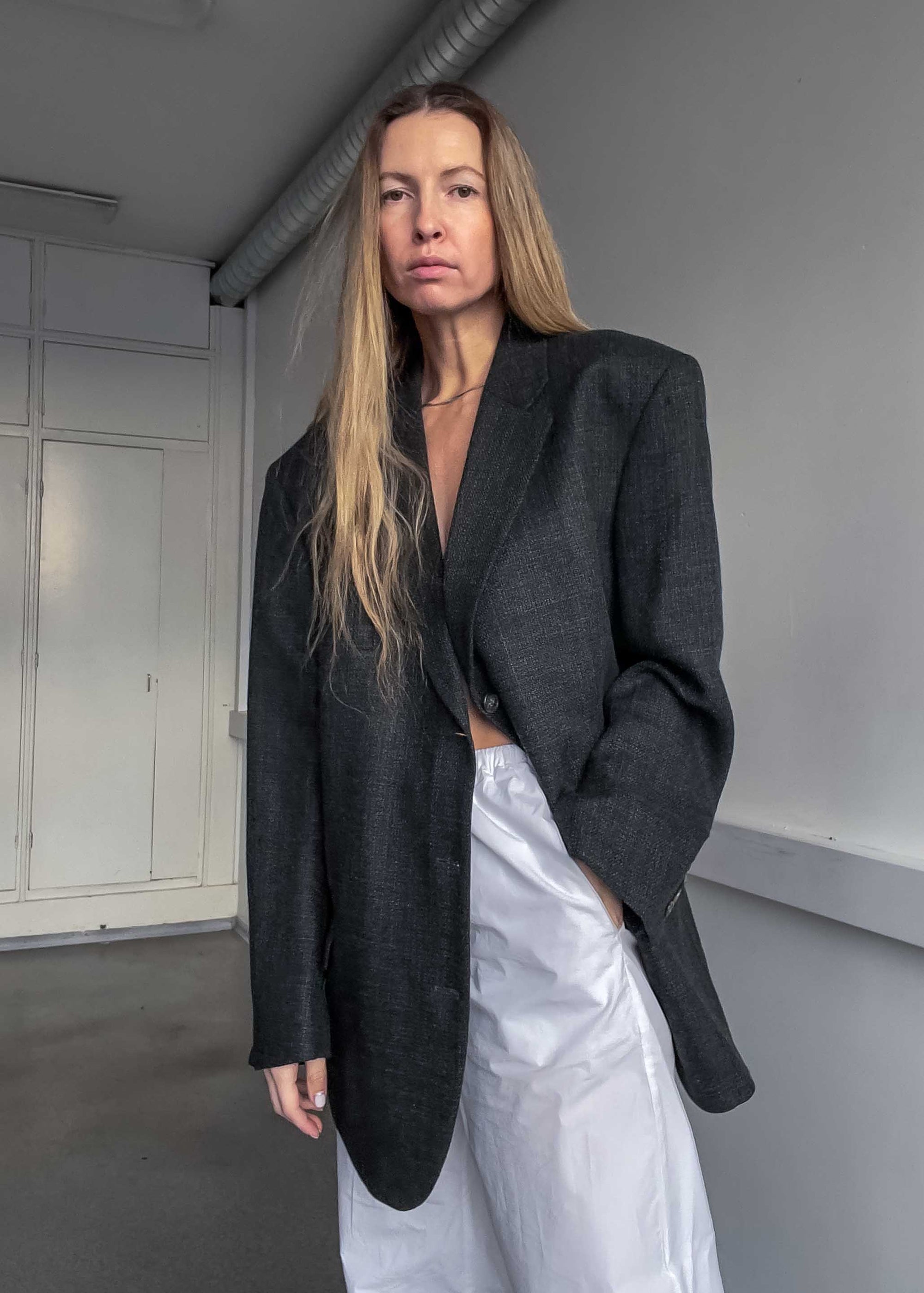 Vintage Dark Grey Patterned Oversized 100% WOOL Blazer