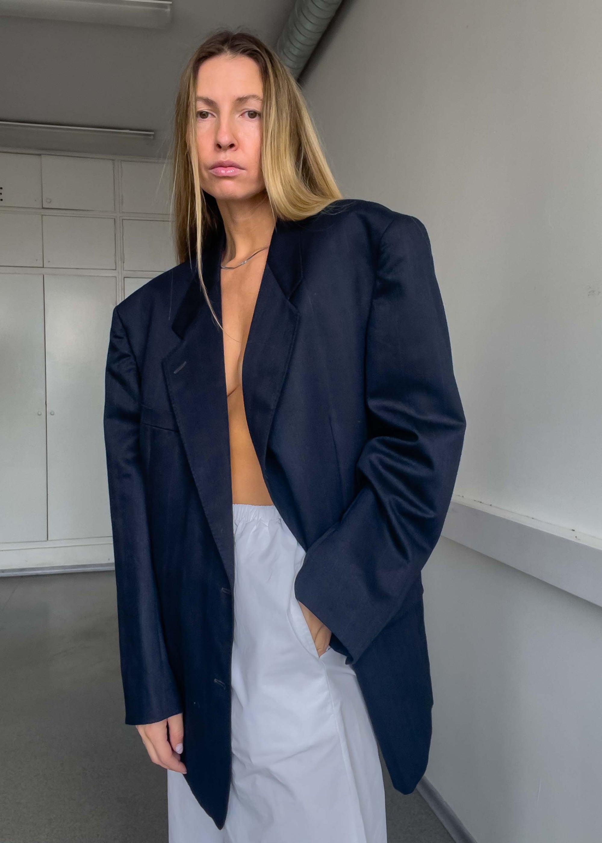 Vintage Navy Blue Striped Oversized Blazer