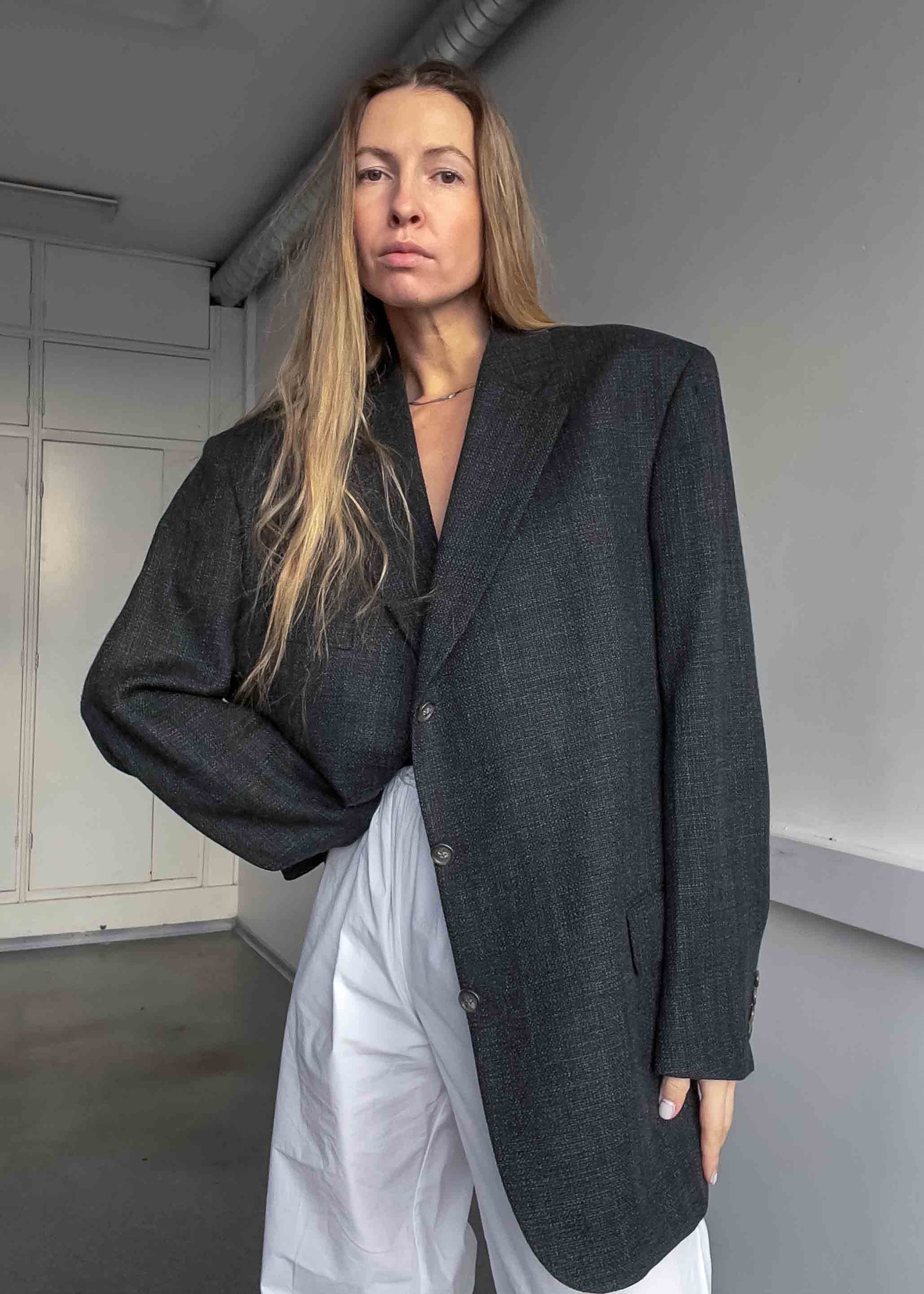 Vintage Dark Grey Patterned Oversized 100% WOOL Blazer