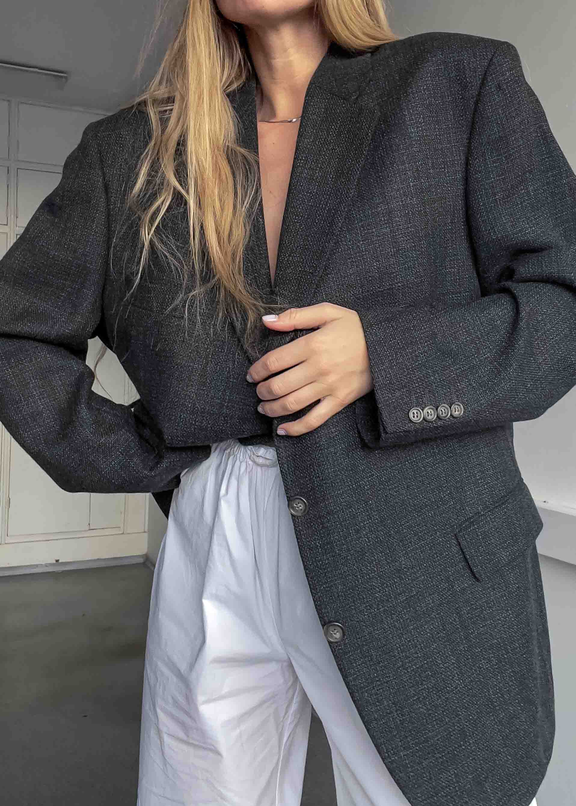 Vintage Dark Grey Patterned Oversized 100% WOOL Blazer
