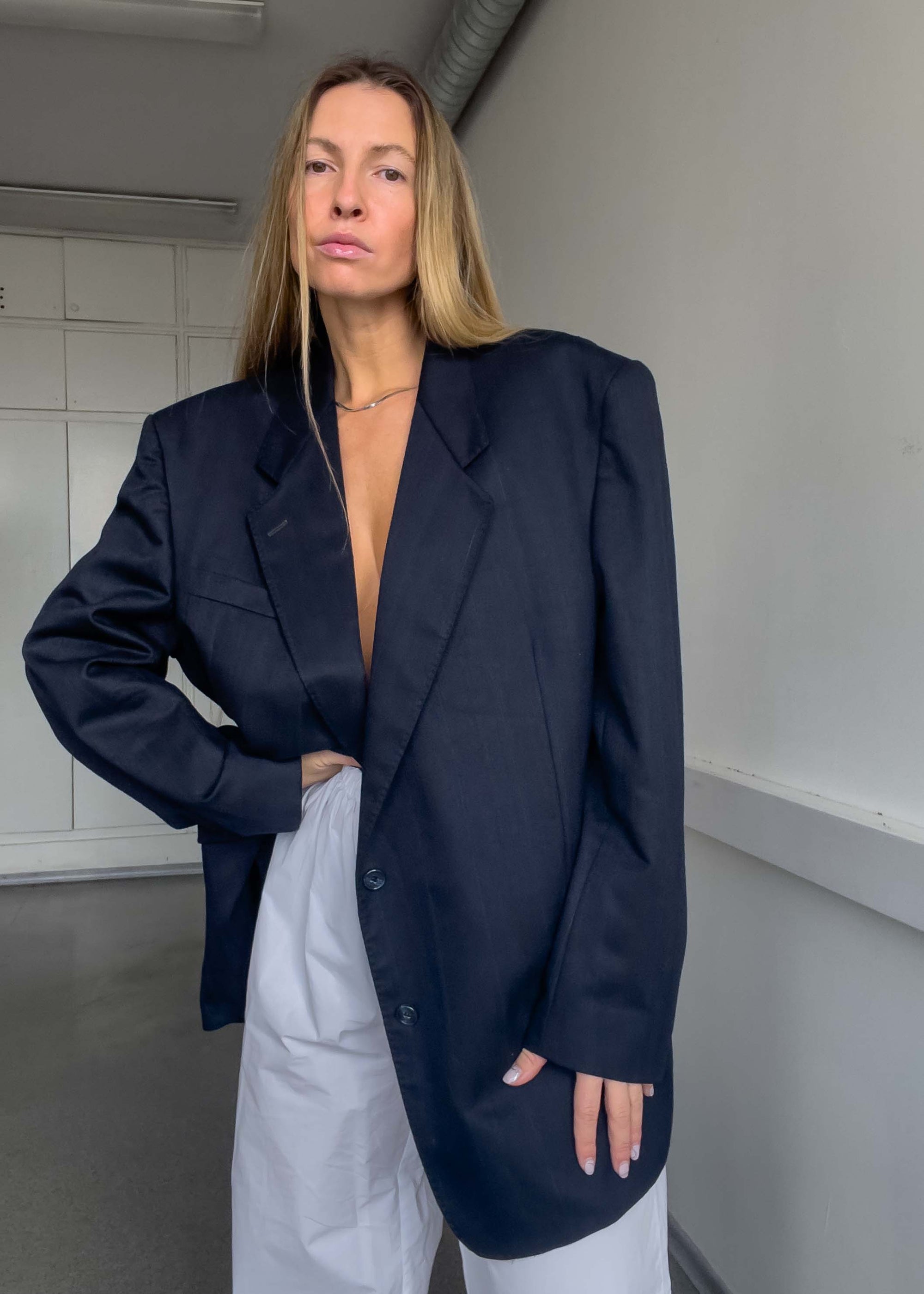 Vintage Navy Blue Striped Oversized Blazer