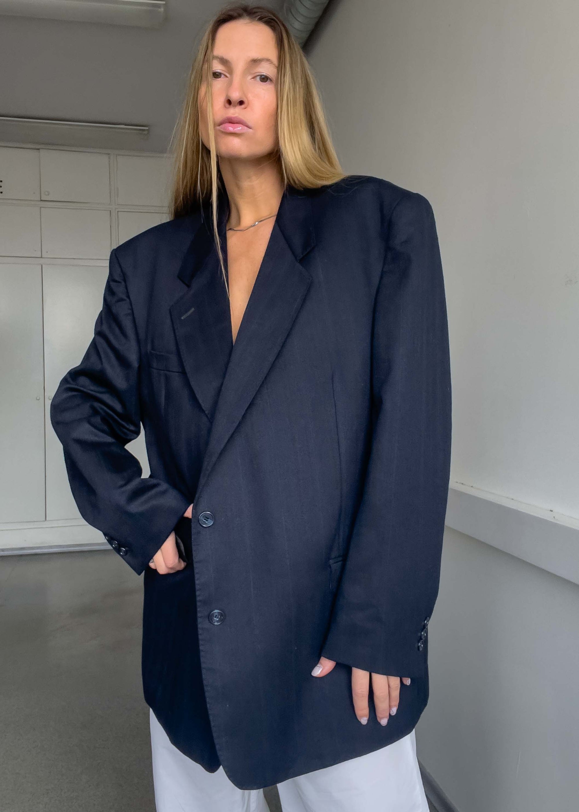 Vintage Navy Blue Striped Oversized Blazer