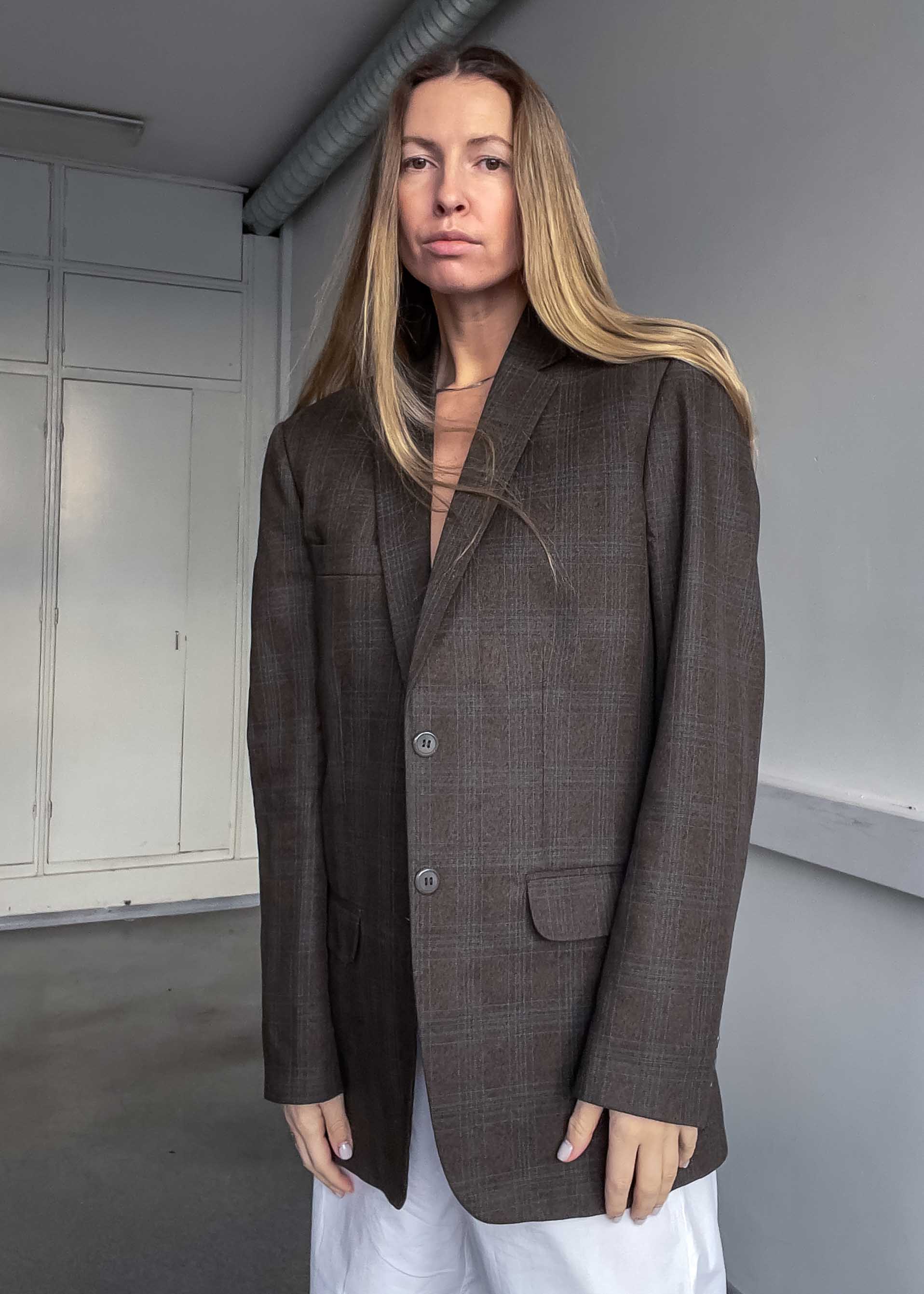 Vintage Brown Checked Oversized Blazer