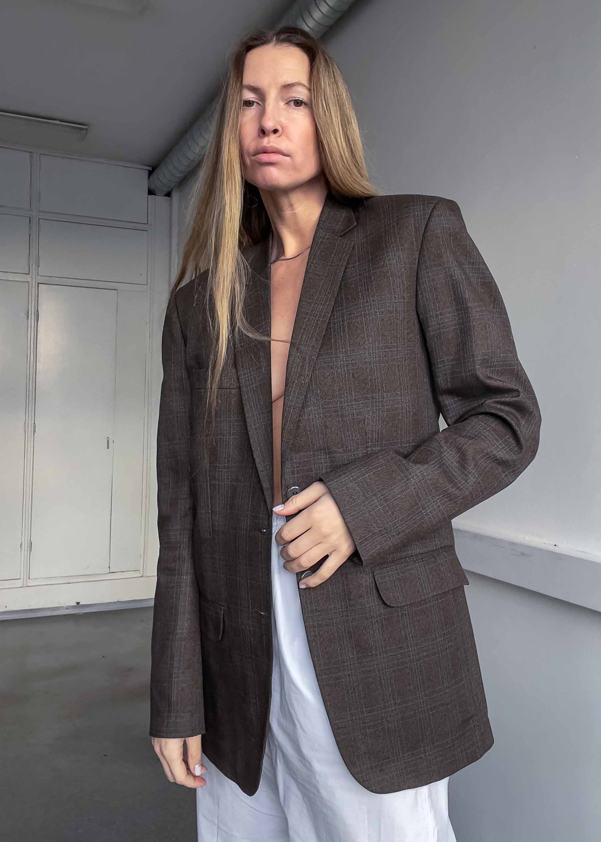 Vintage Brown Checked Oversized Blazer