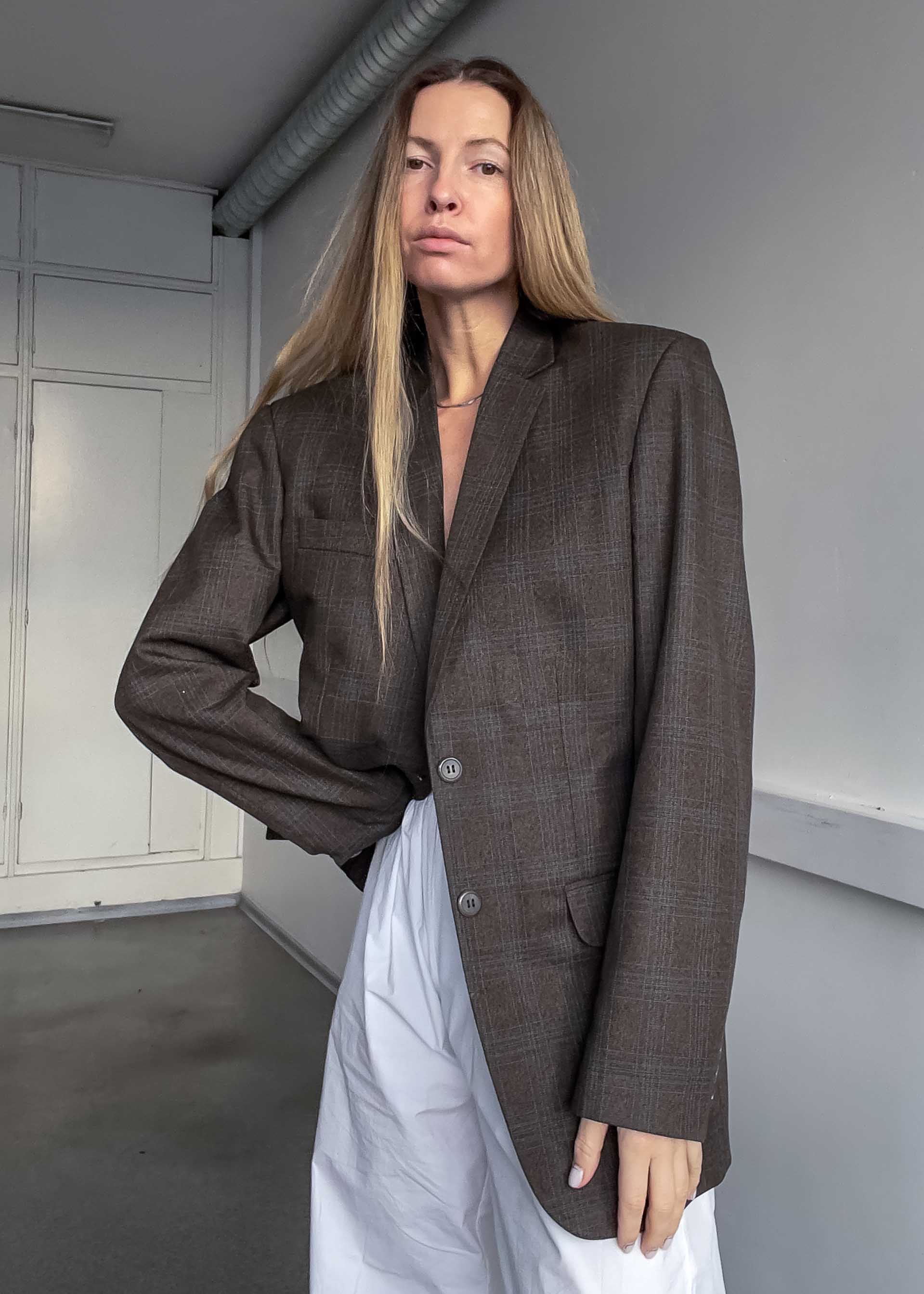 Vintage Brown Checked Oversized Blazer