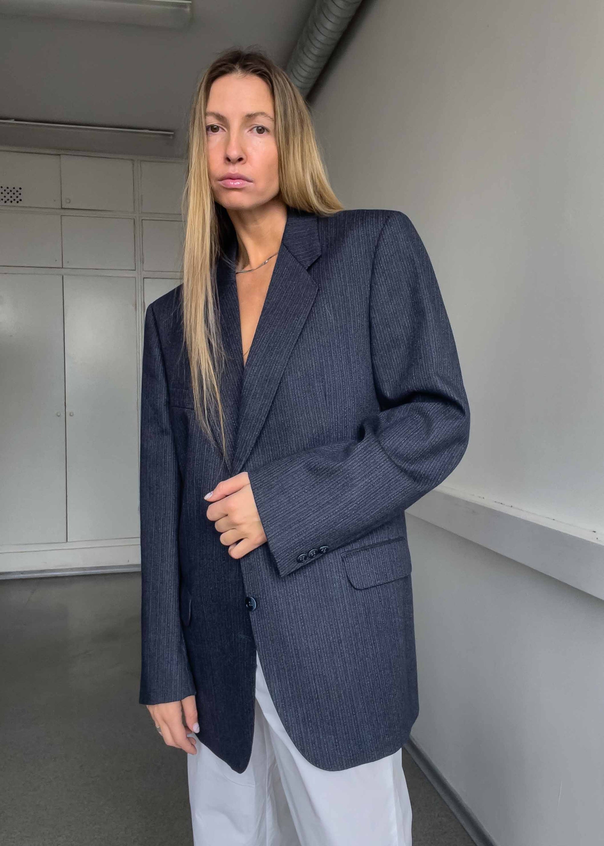 Vintage Blue Striped Oversized 100% WOOL Blazer