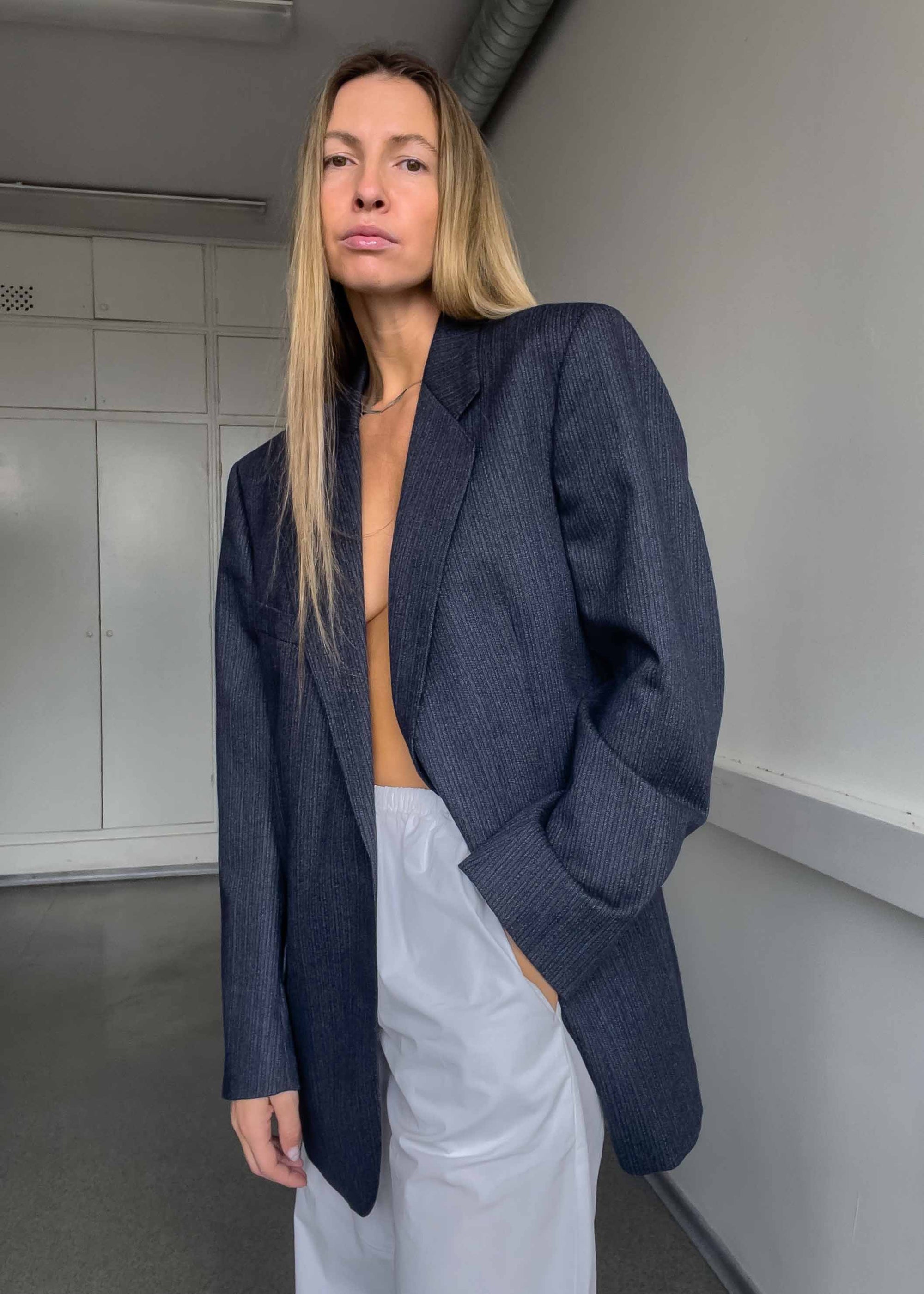 Vintage Blue Striped Oversized 100% WOOL Blazer