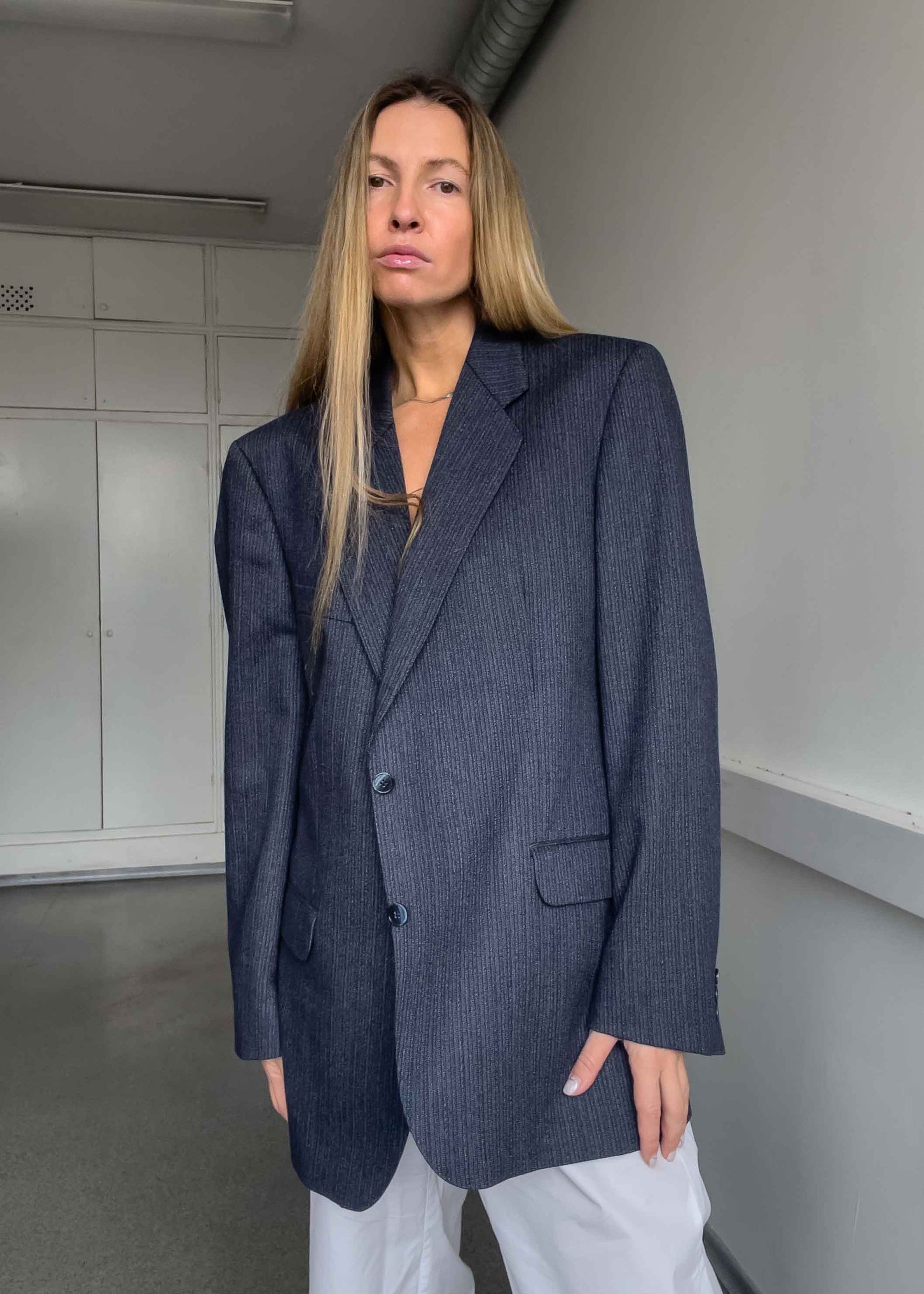Vintage Blue Striped Oversized 100% WOOL Blazer