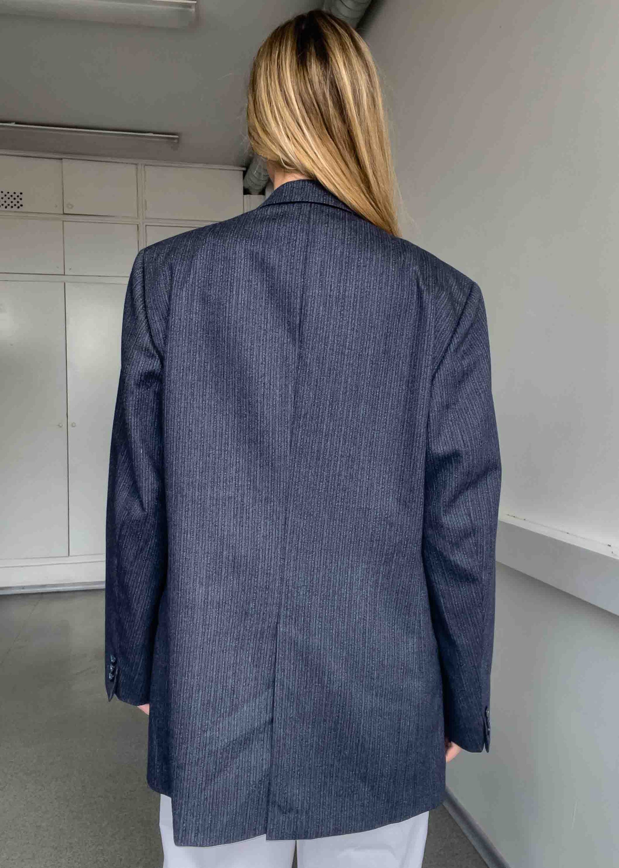 Vintage Blue Striped Oversized 100% WOOL Blazer