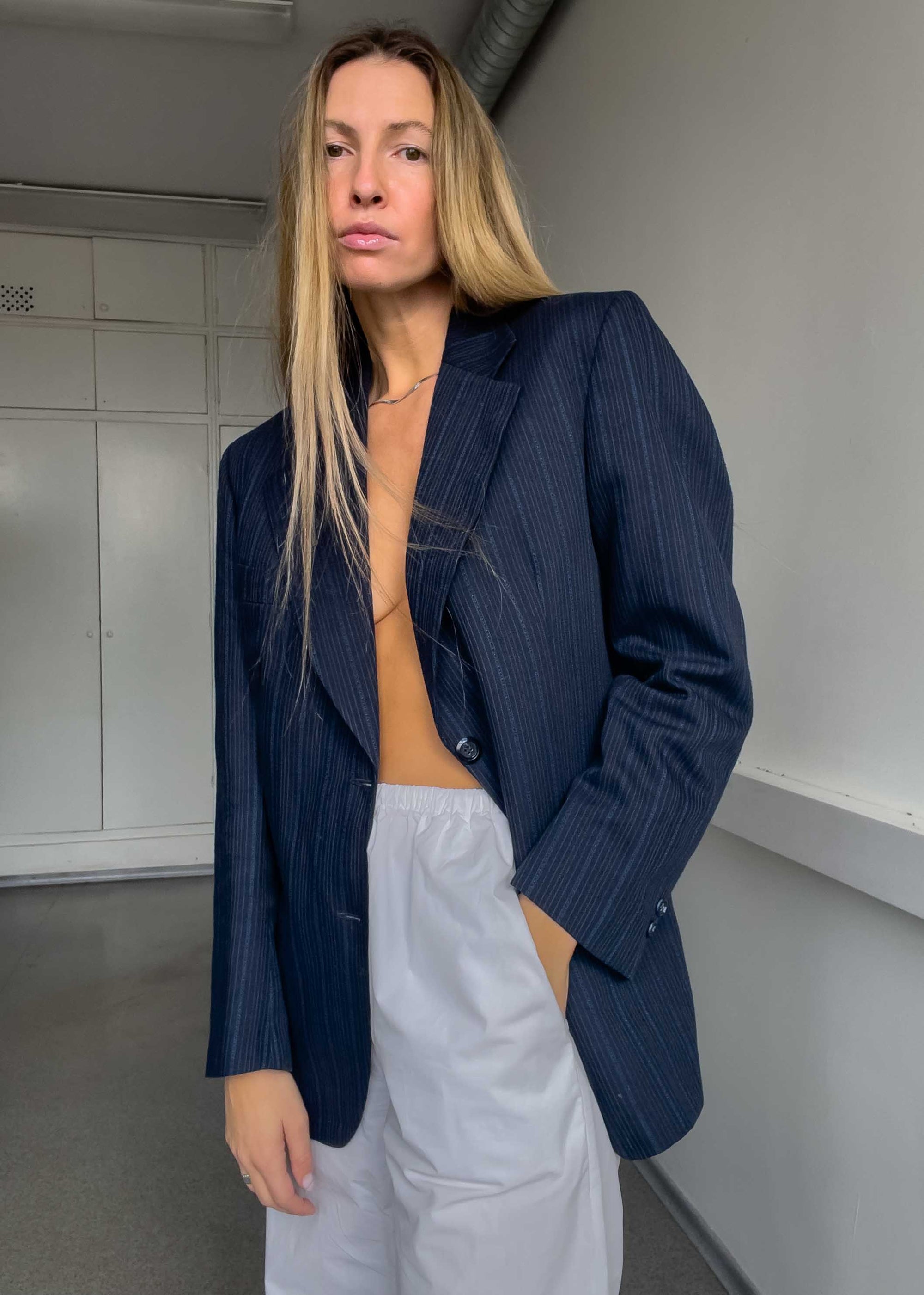 Vintage Navy Blue Striped Oversized Blazer