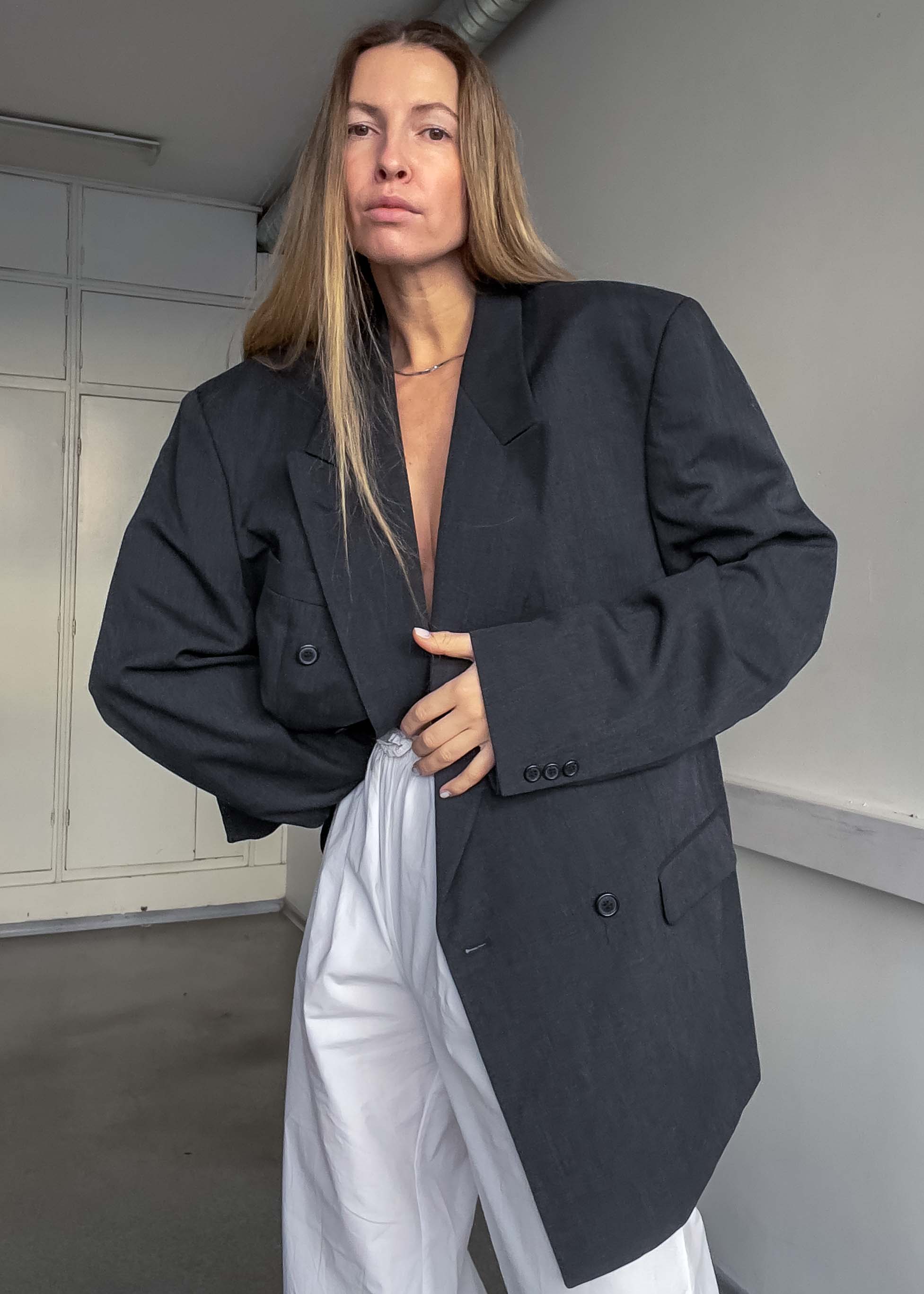 Vintage Grey Oversized Double Breasted Blazer