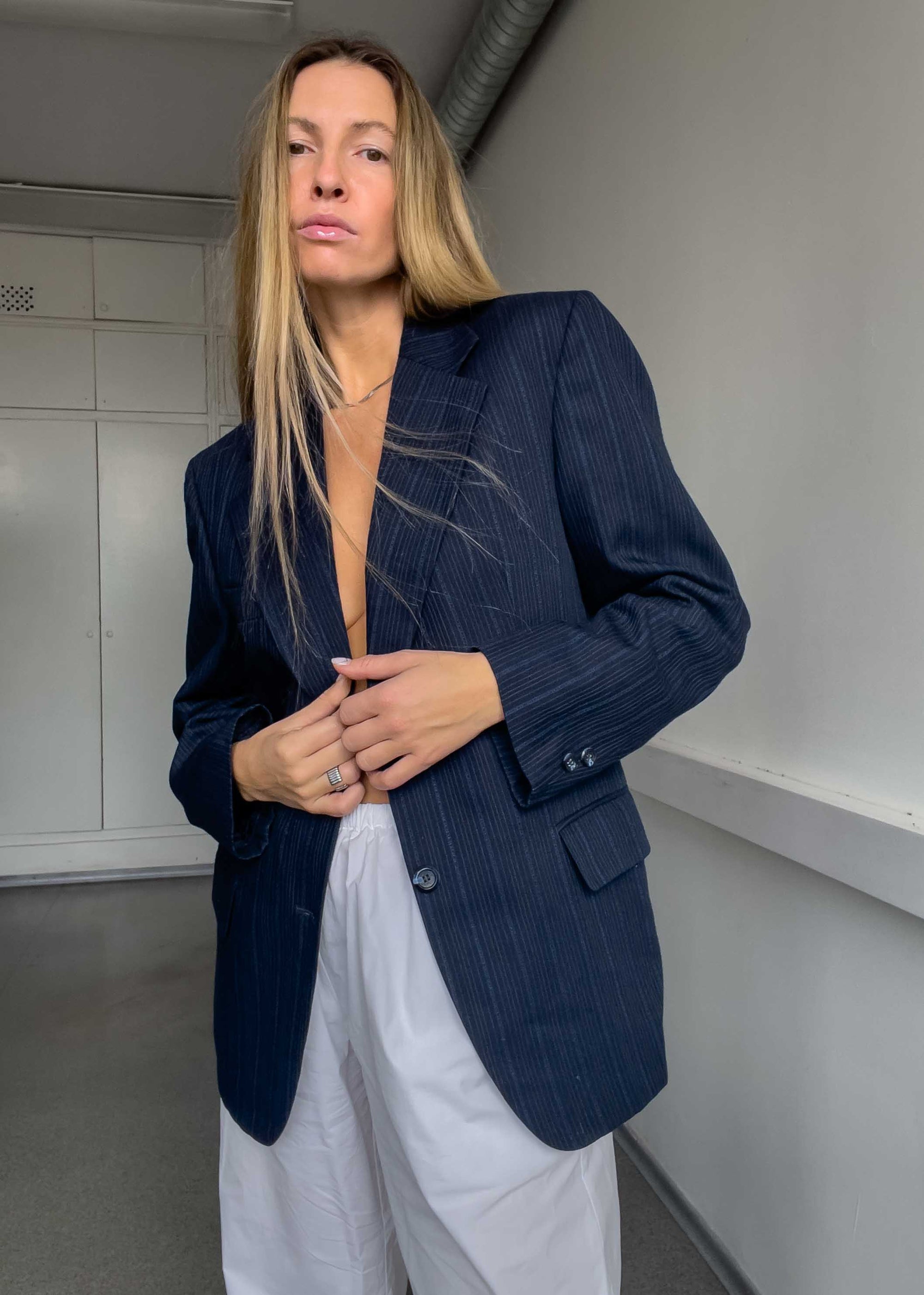 Vintage Navy Blue Striped Oversized Blazer