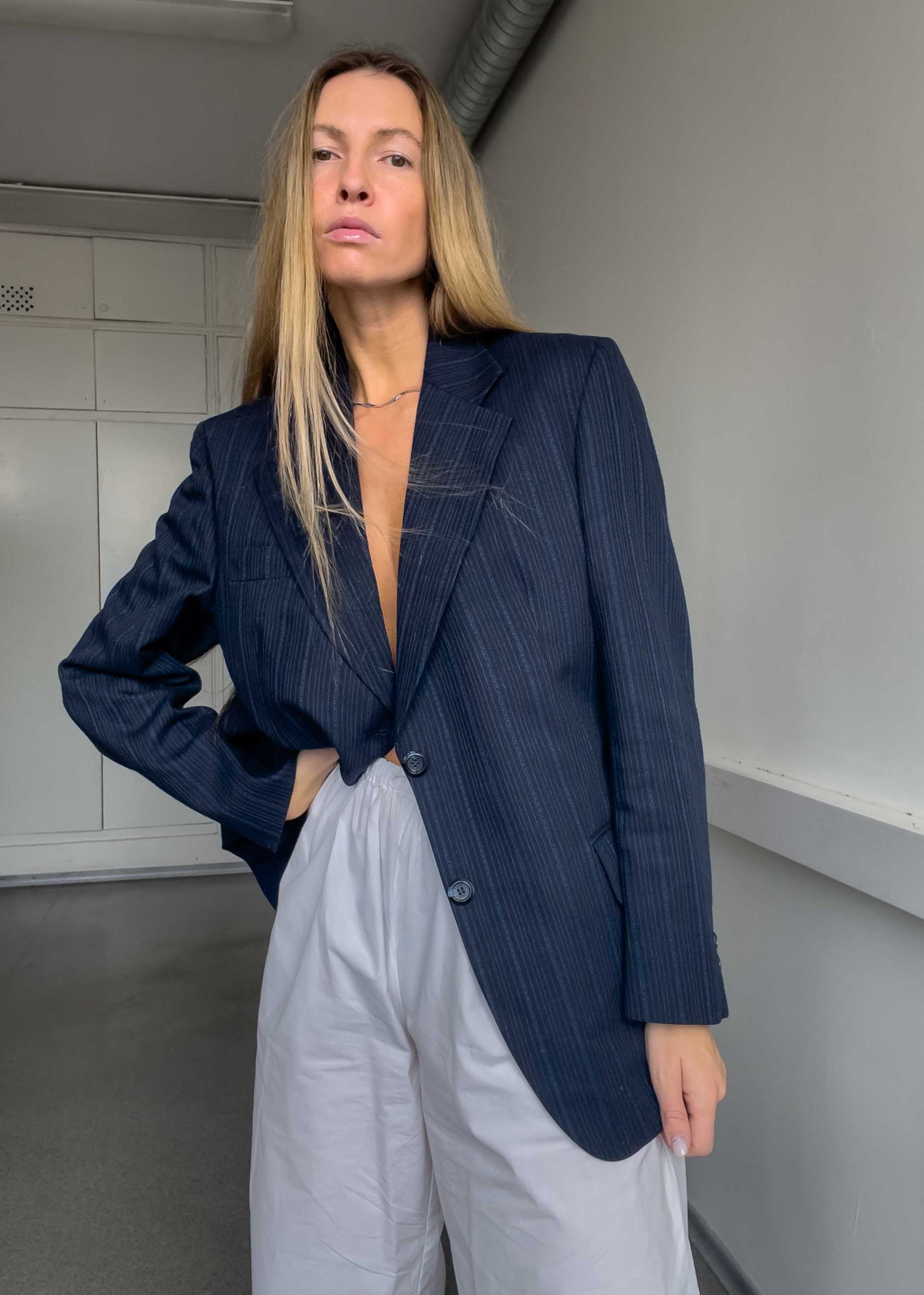 Vintage Navy Blue Striped Oversized Blazer