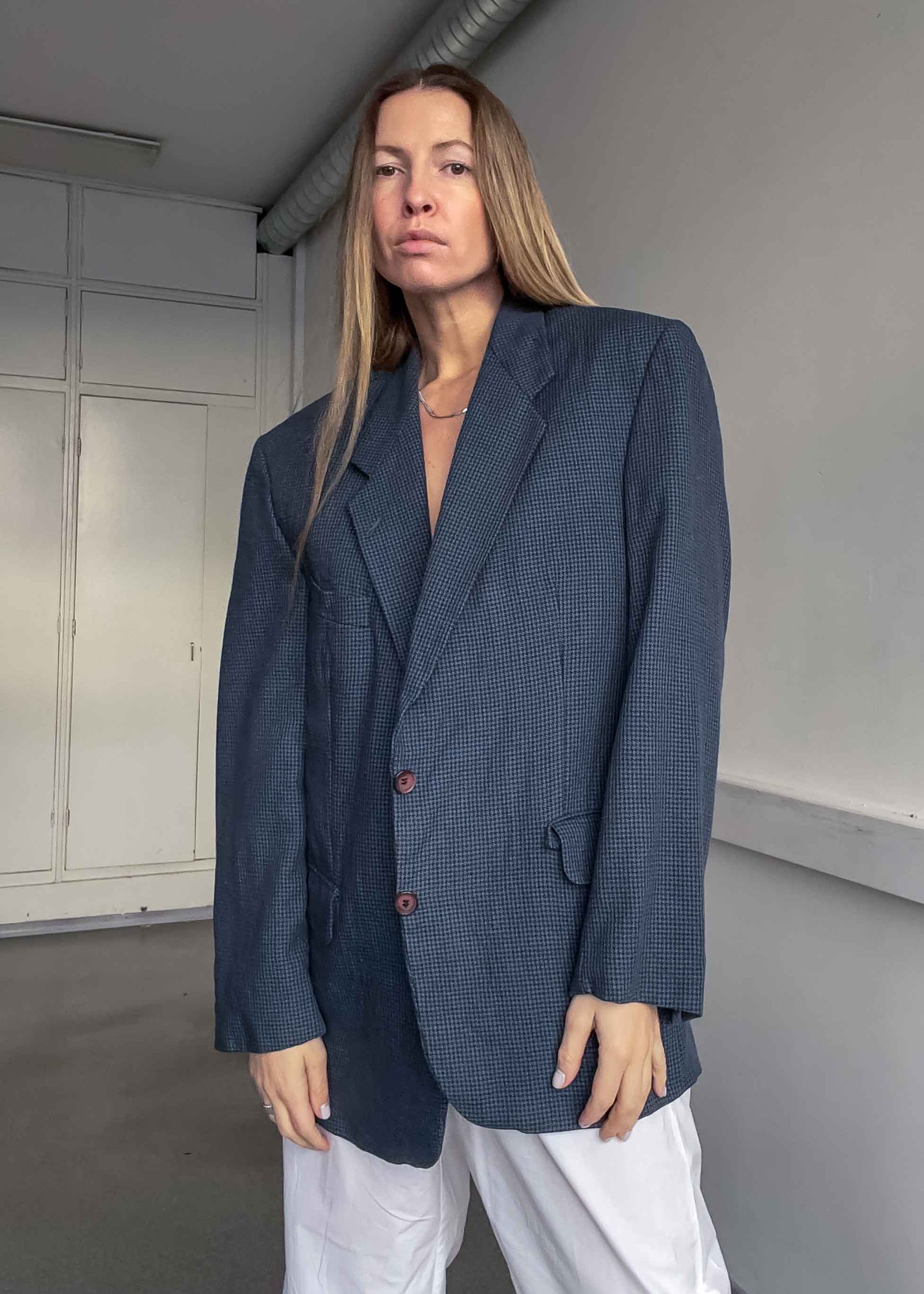 Vintage Blue Dogtooth Print Oversized 100% WOOL Blazer