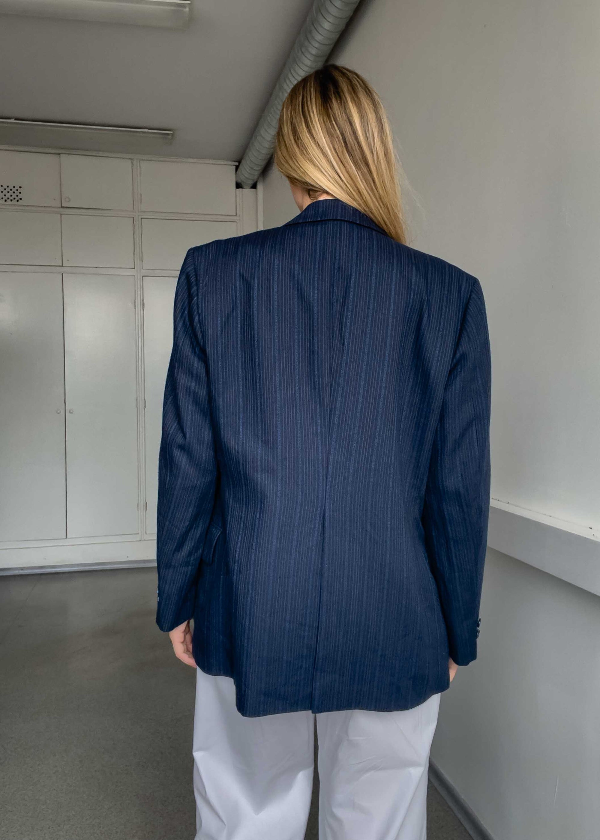 Vintage Navy Blue Striped Oversized Blazer