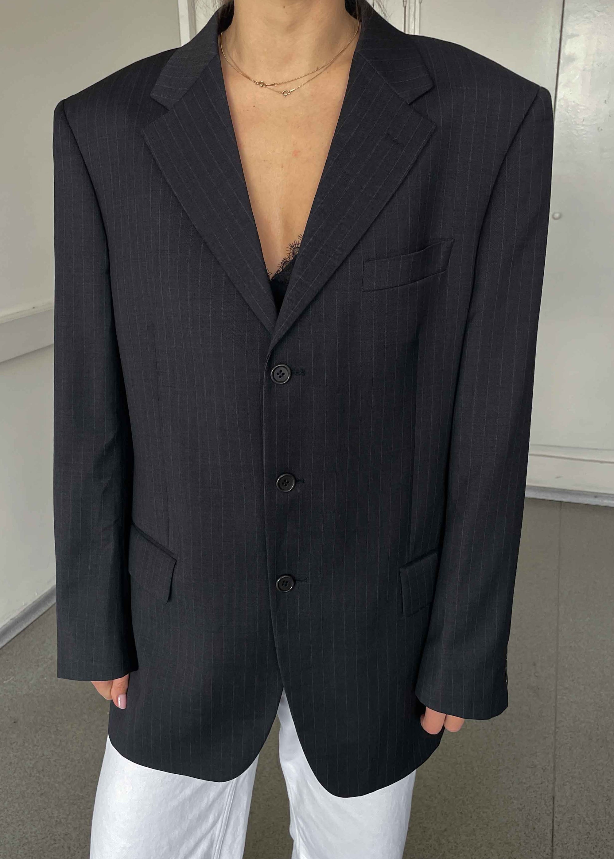 Vintage Grey Striped Oversized 100% WOOL Blazer