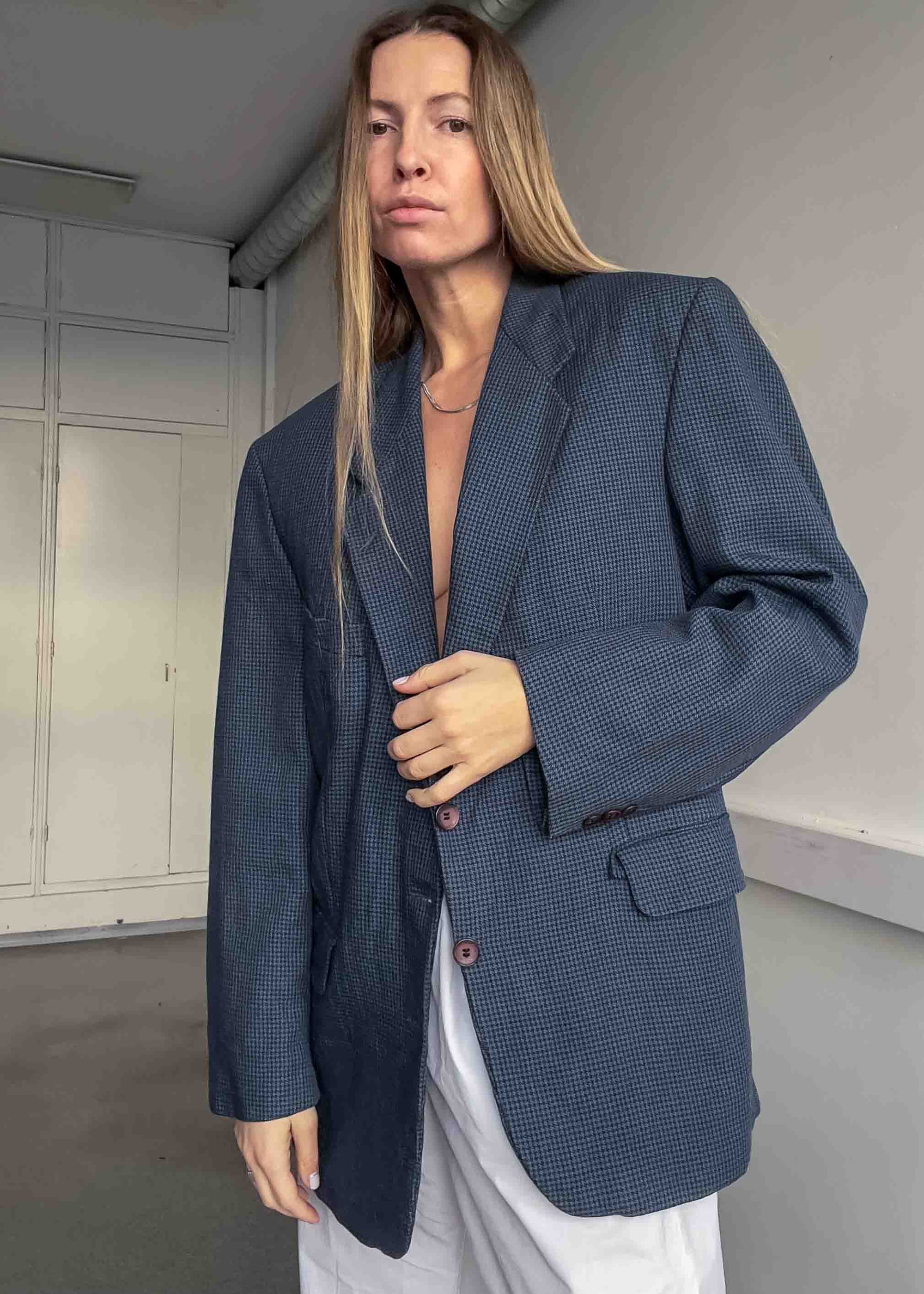 Vintage Blue Dogtooth Print Oversized 100% WOOL Blazer