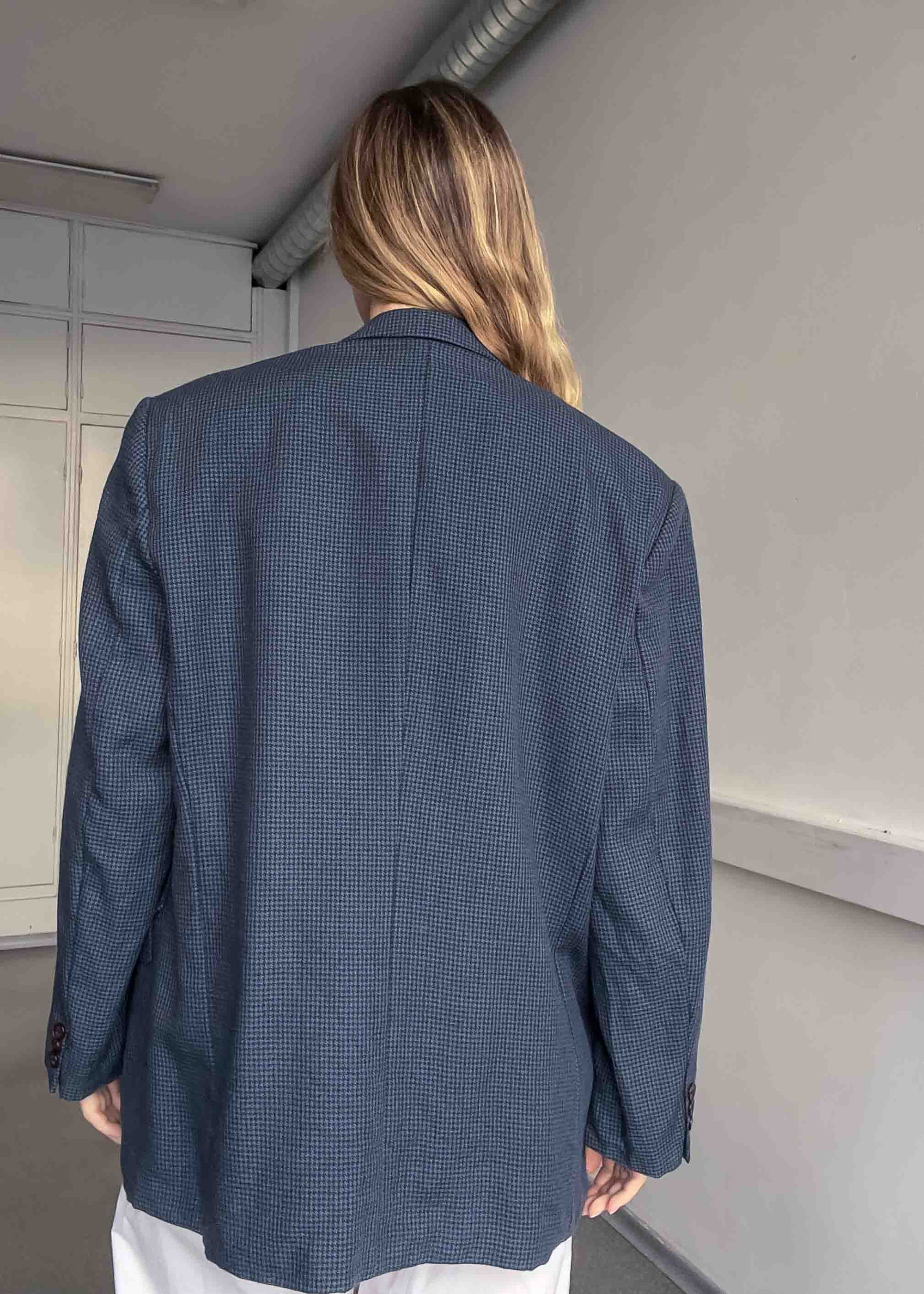 Vintage Blue Dogtooth Print Oversized 100% WOOL Blazer