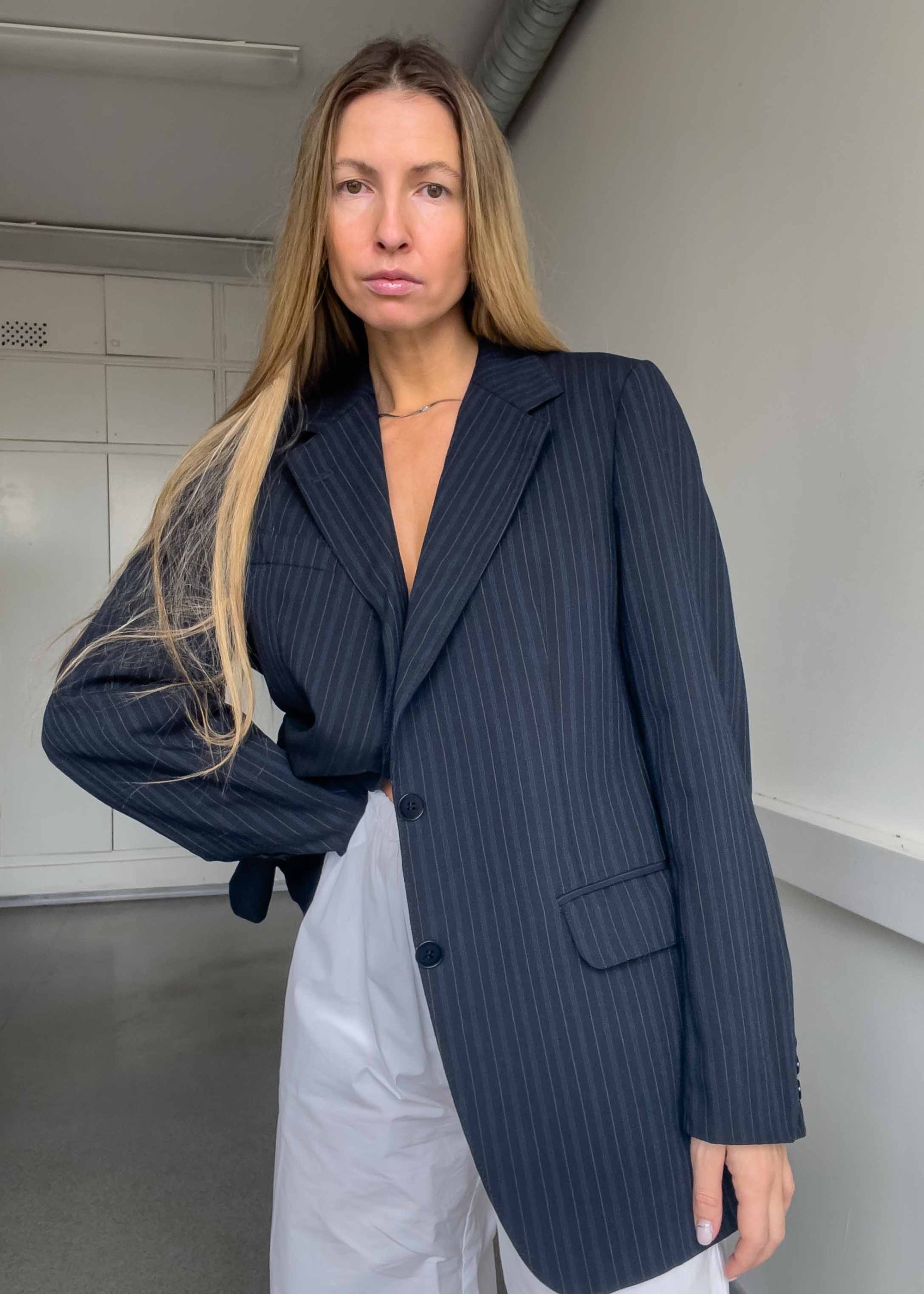 Vintage Navy Blue Striped Oversized 100% WOOL Blazer