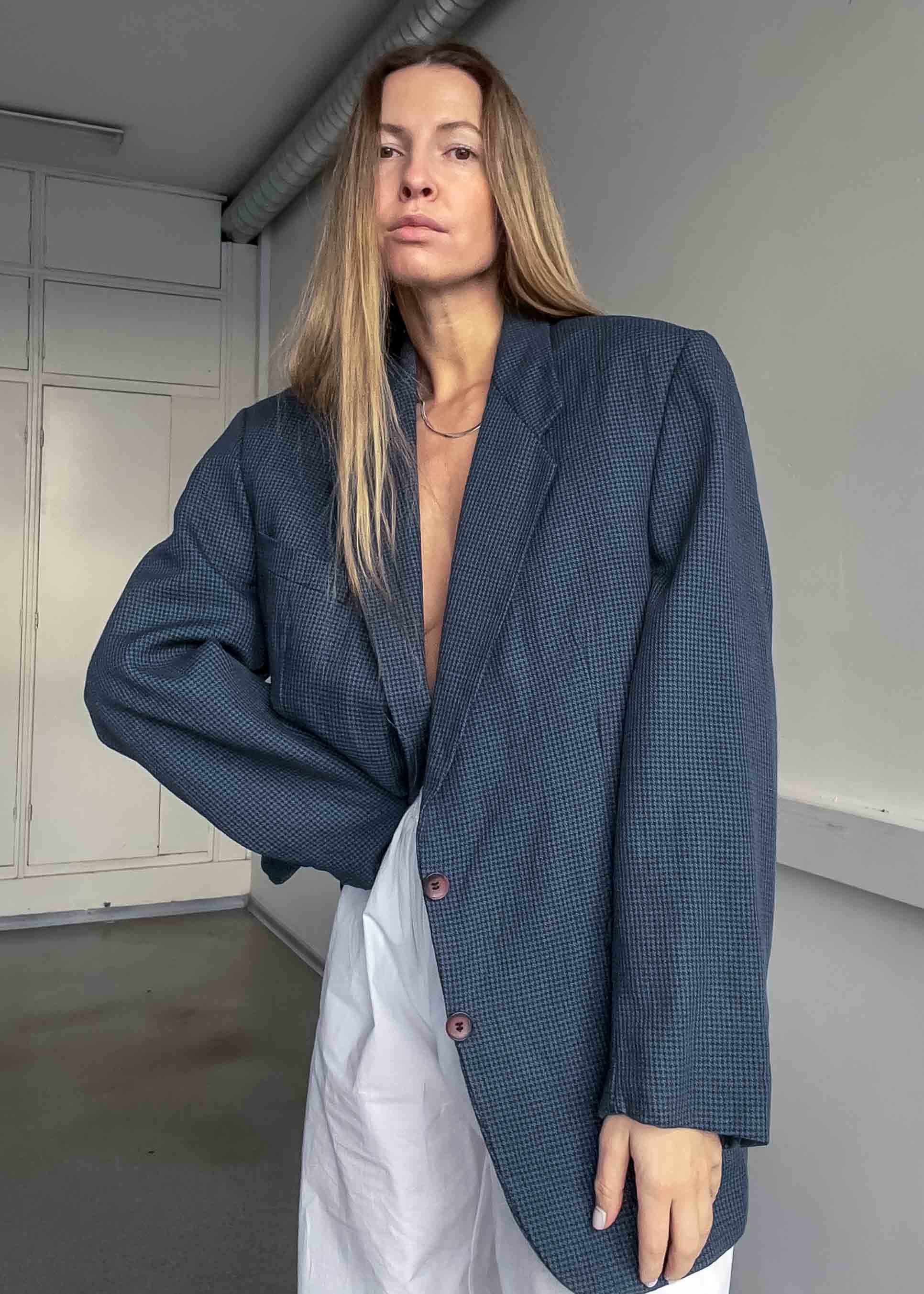 Vintage Blue Dogtooth Print Oversized 100% WOOL Blazer