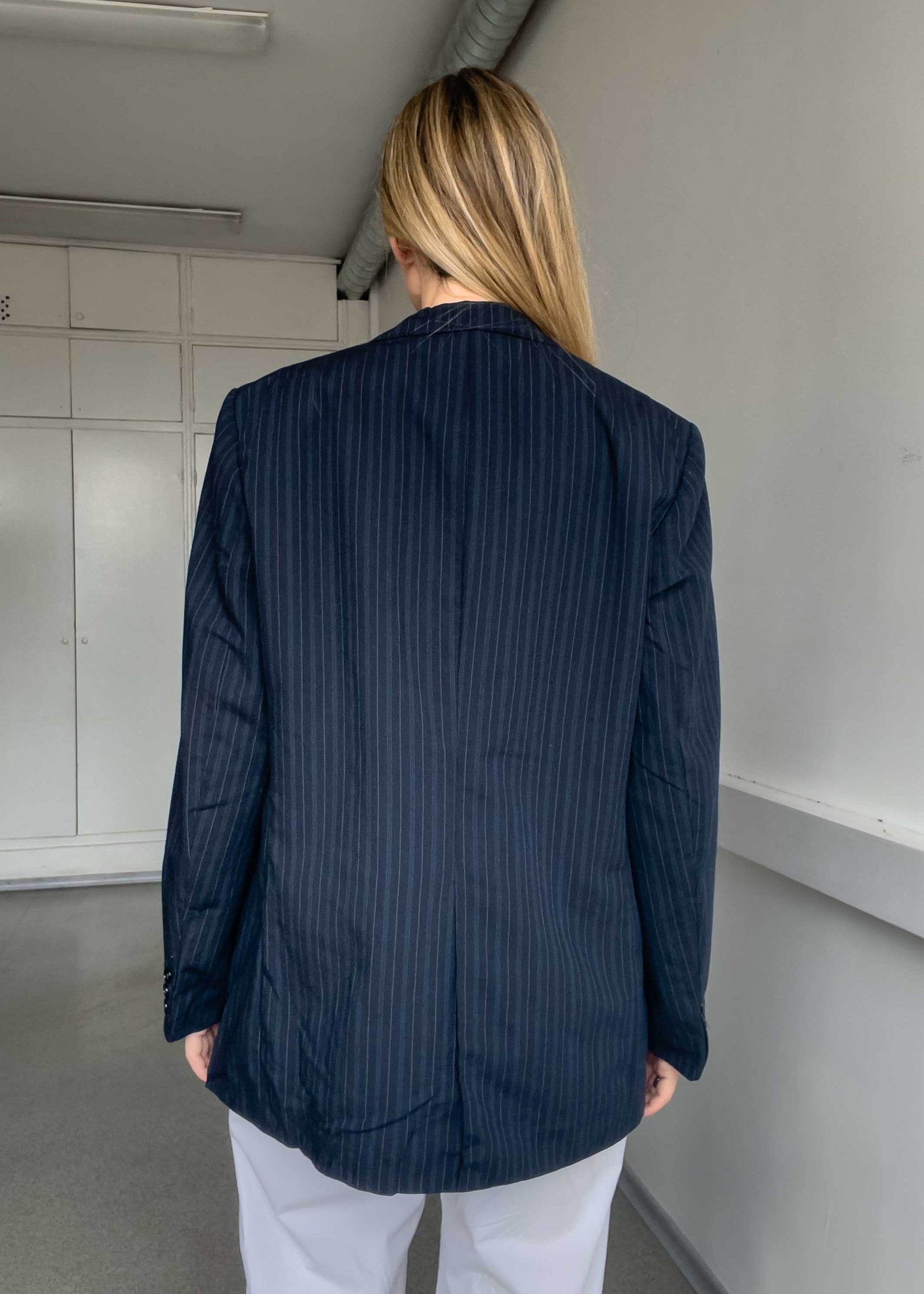 Vintage Navy Blue Striped Oversized 100% WOOL Blazer