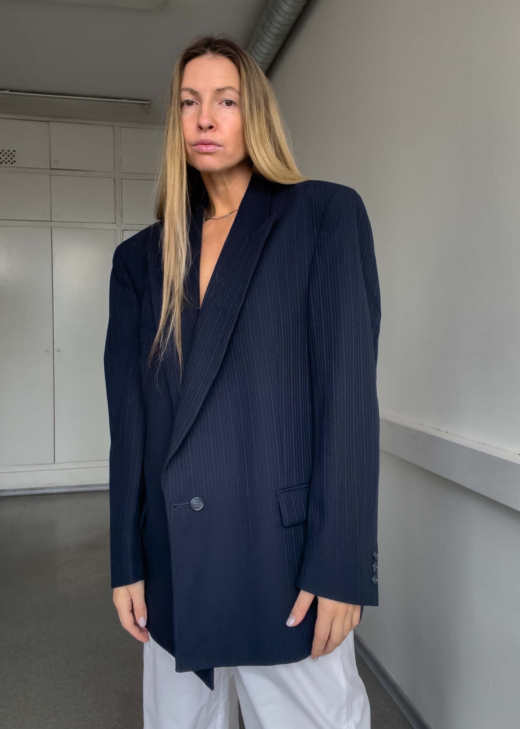 Vintage Navy Blue Textured Oversized 100% WOOL Blazer