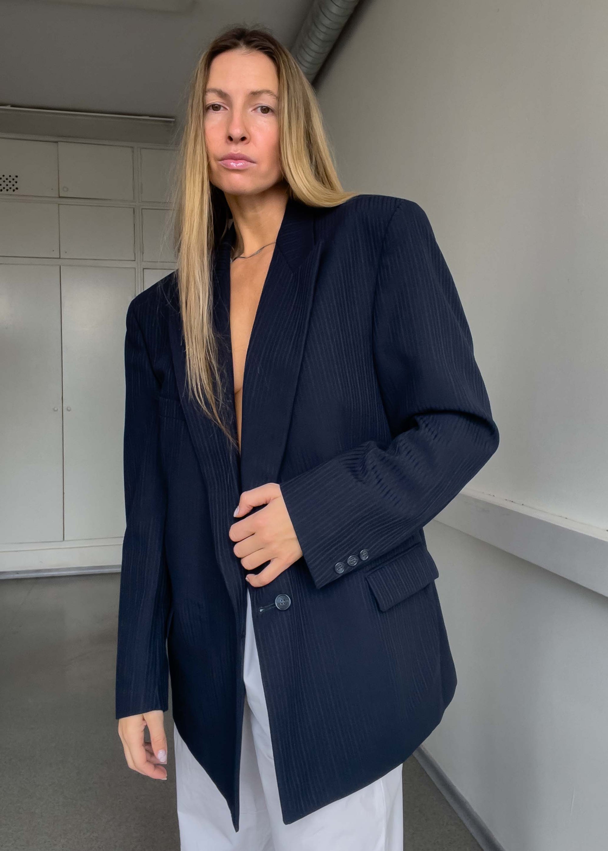 Vintage Navy Blue Textured Oversized 100% WOOL Blazer