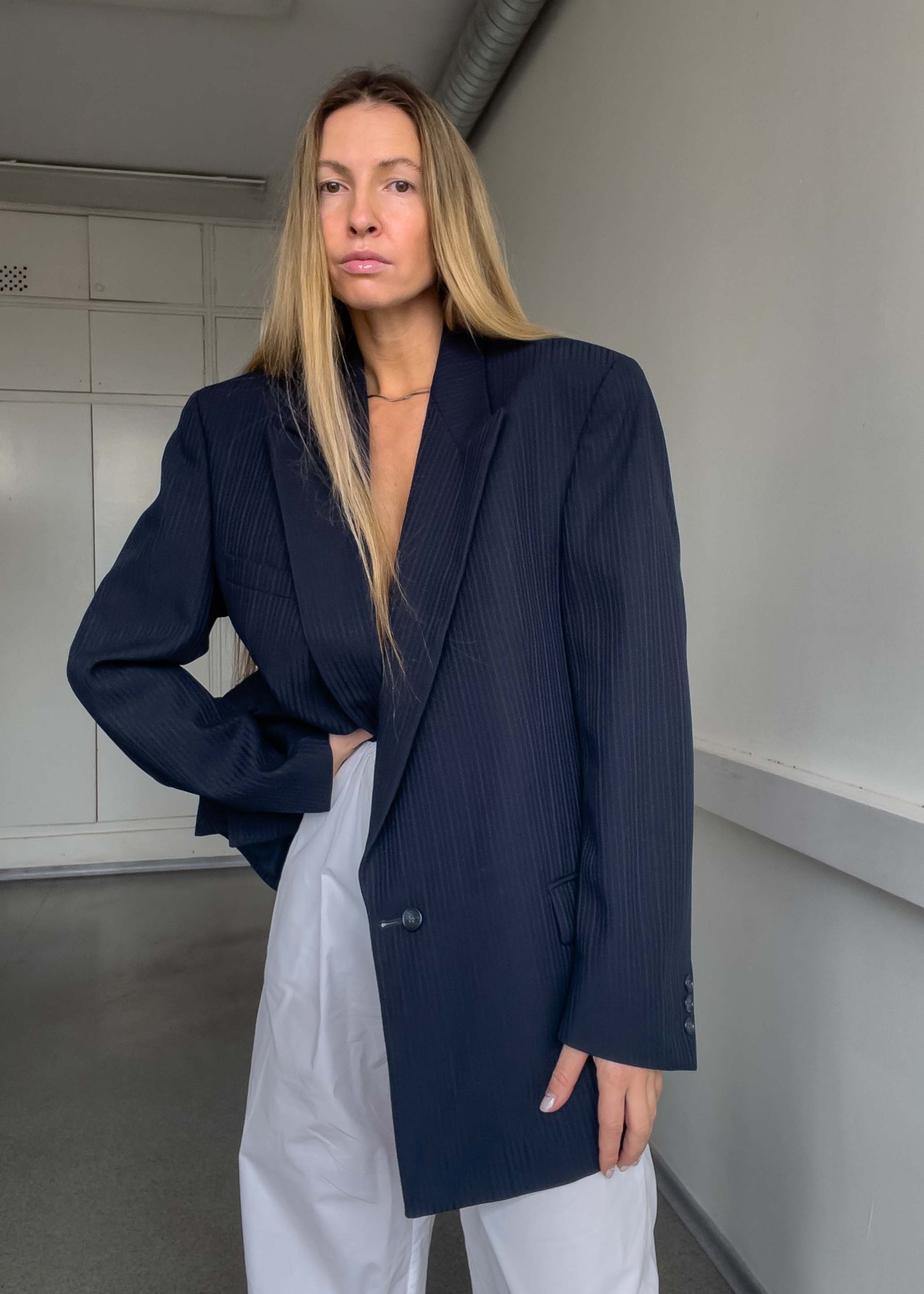 Vintage Navy Blue Textured Oversized 100% WOOL Blazer