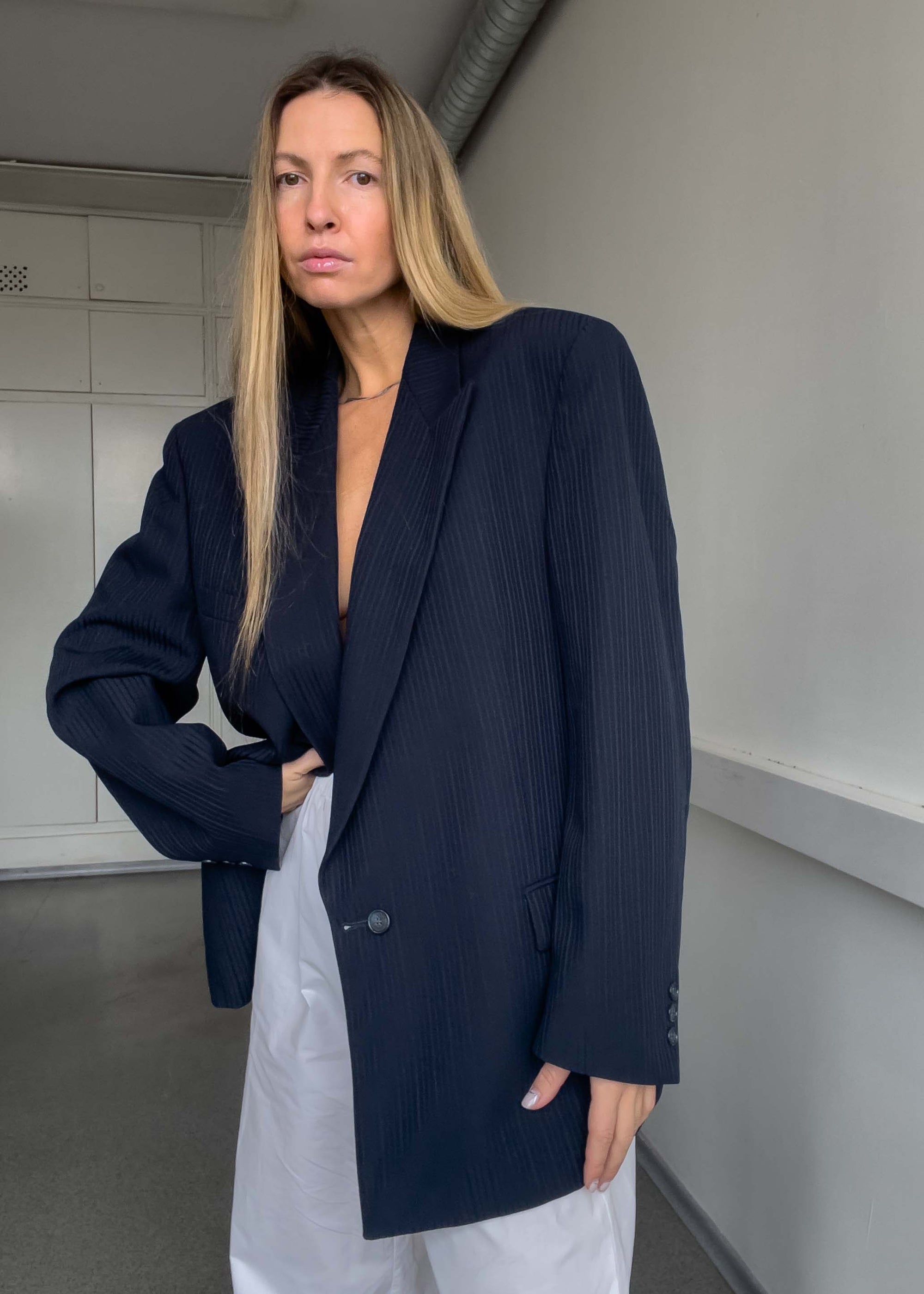 Vintage Navy Blue Textured Oversized 100% WOOL Blazer