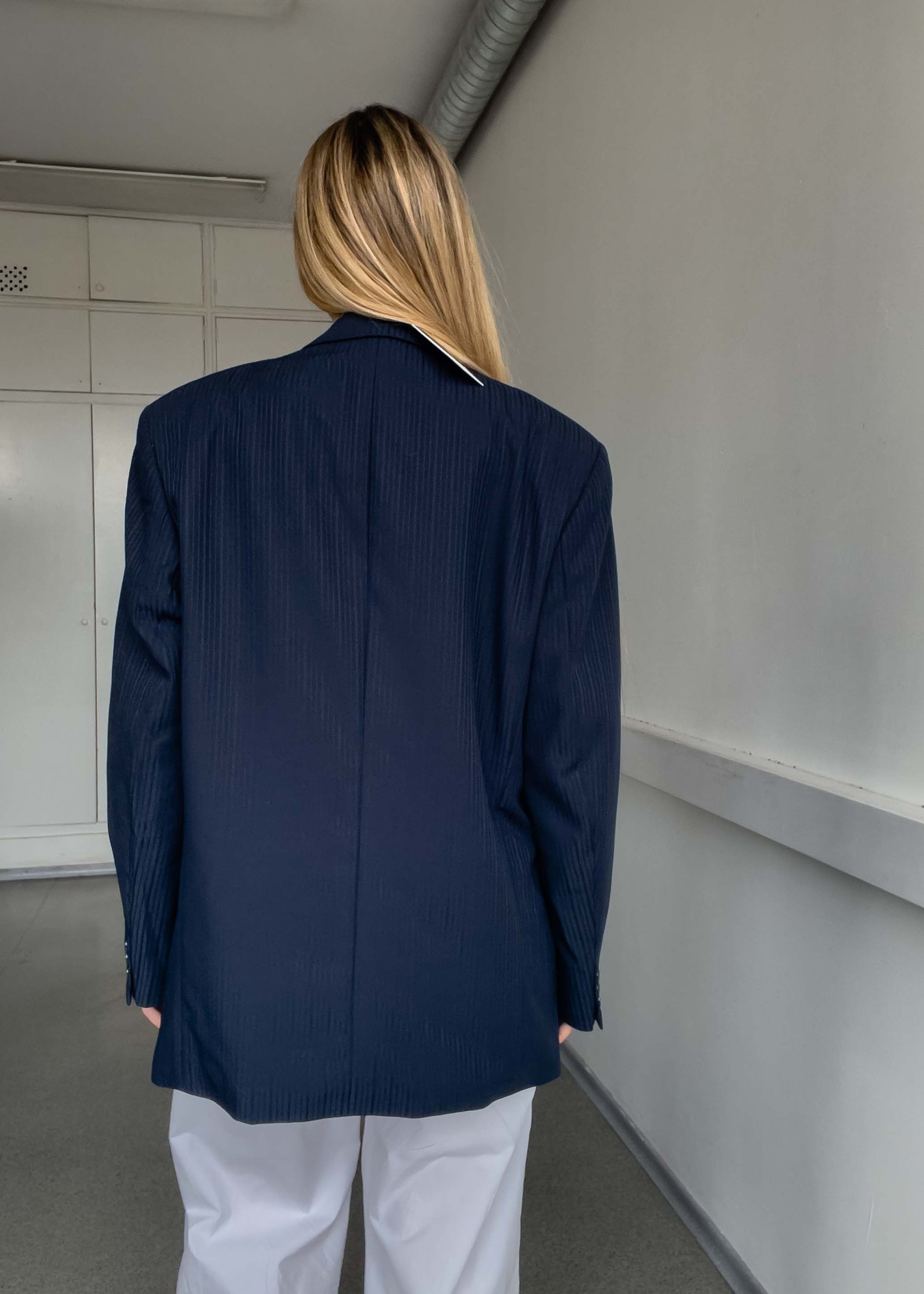 Vintage Navy Blue Textured Oversized 100% WOOL Blazer