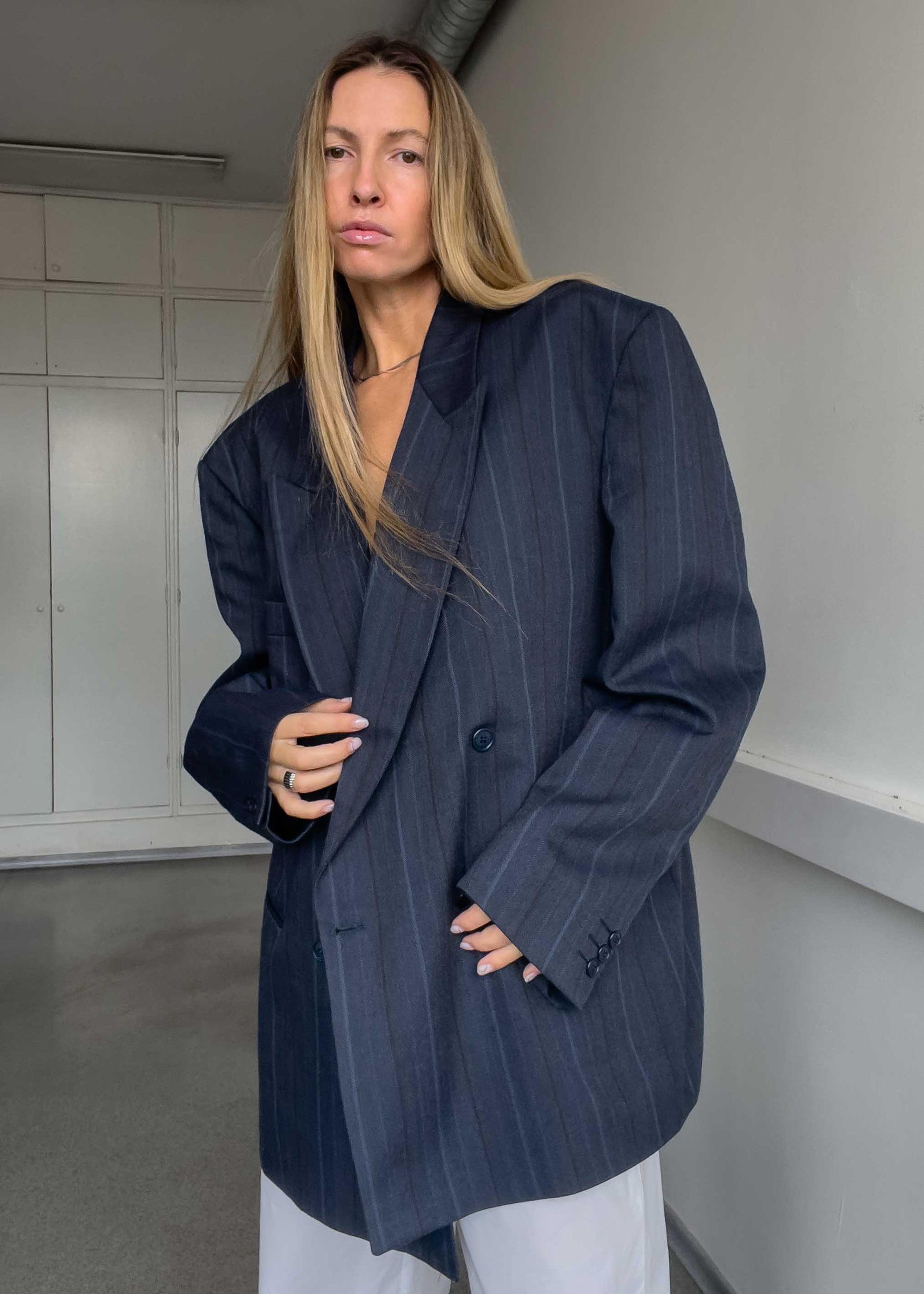 Vintage Dark Blue Textured Oversized Double Breasted Blazer