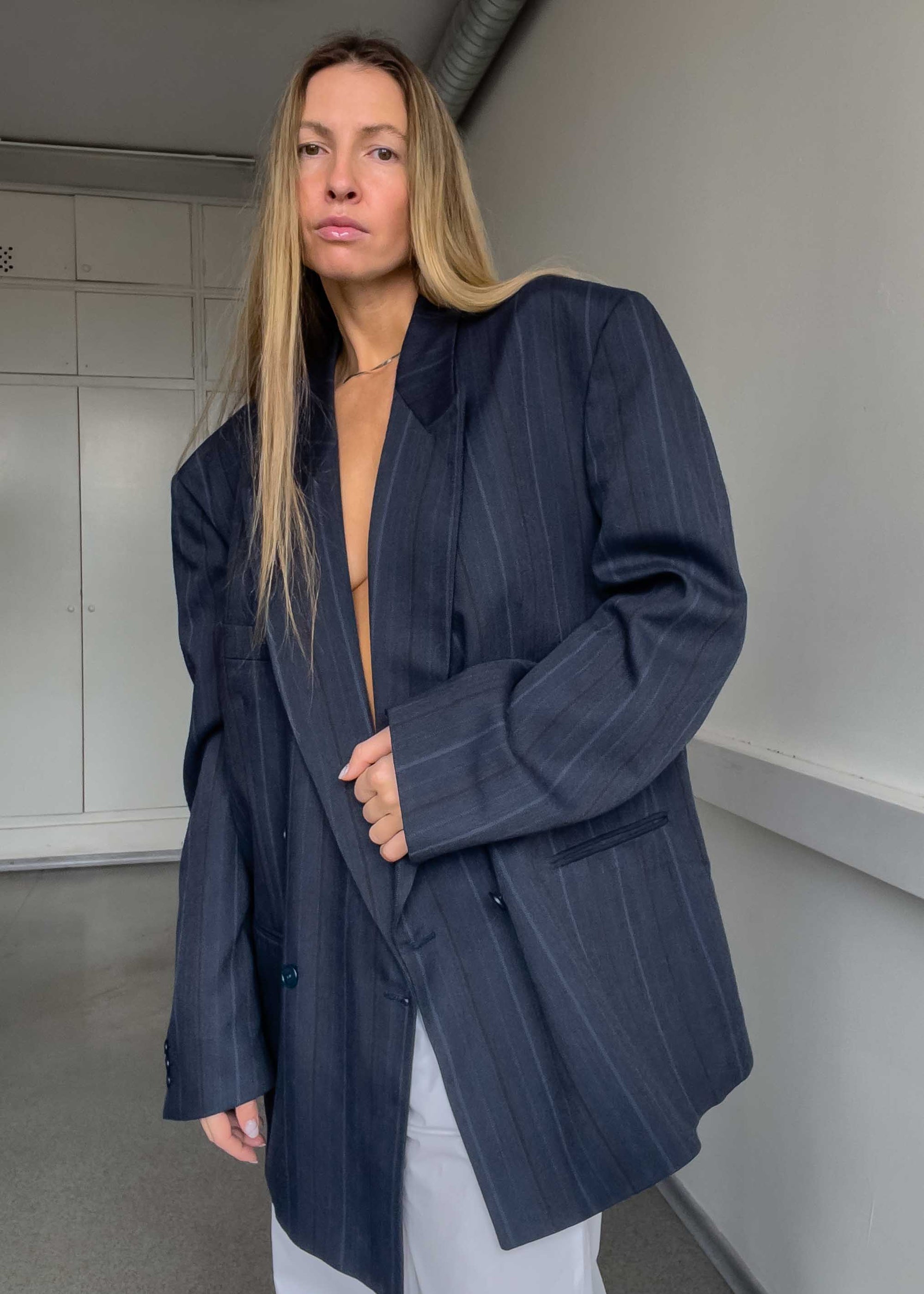 Vintage Dark Blue Textured Oversized Double Breasted Blazer