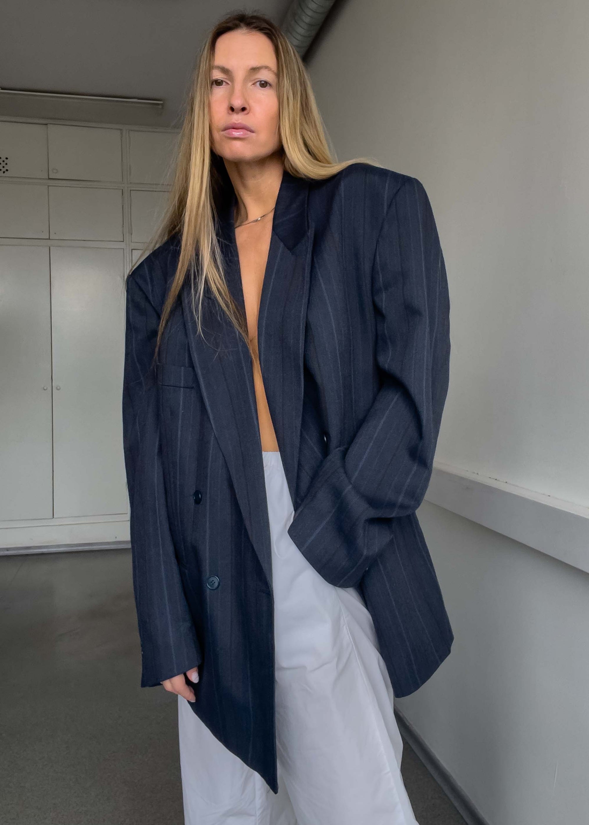 Vintage Dark Blue Textured Oversized Double Breasted Blazer