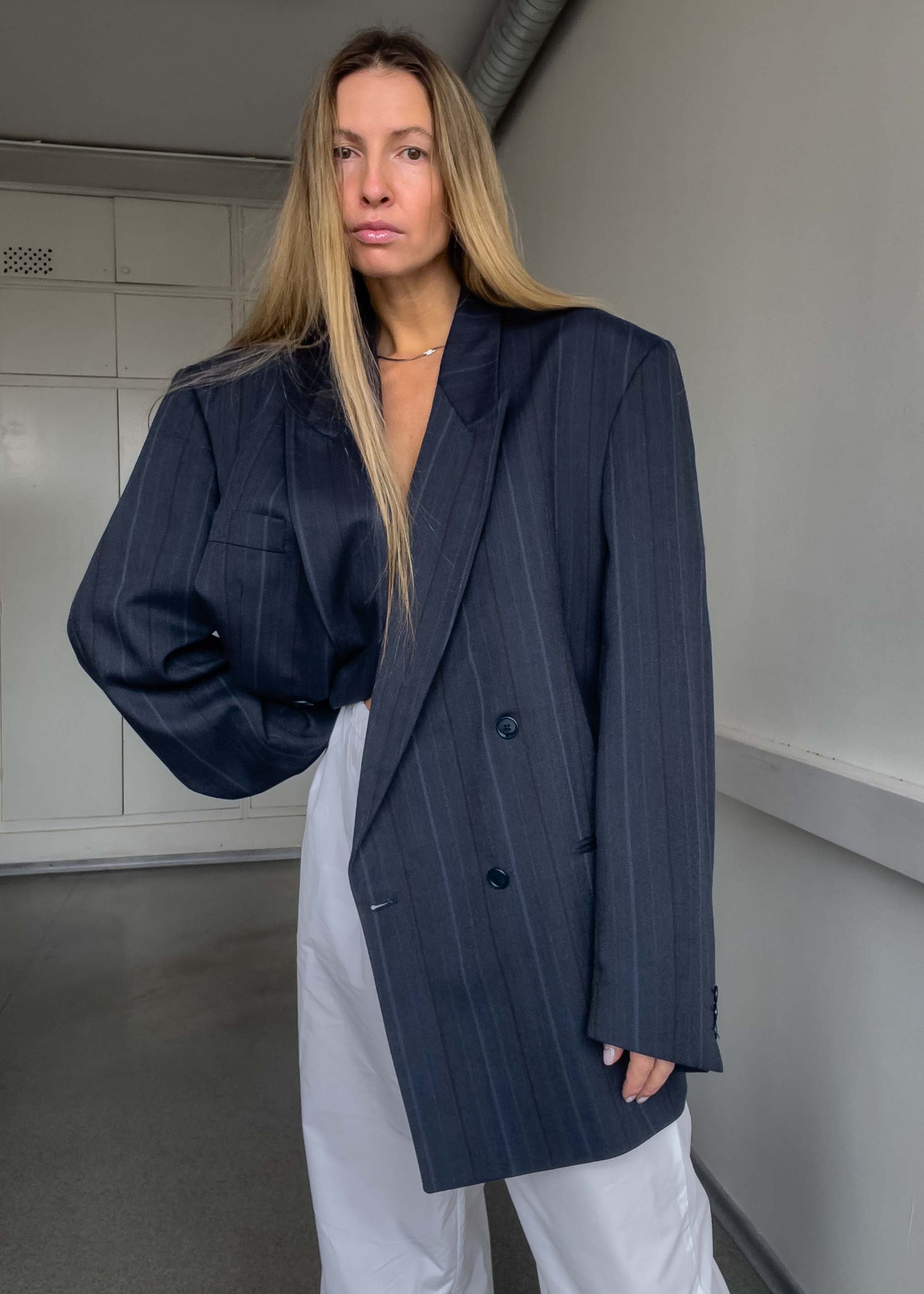 Vintage Dark Blue Textured Oversized Double Breasted Blazer