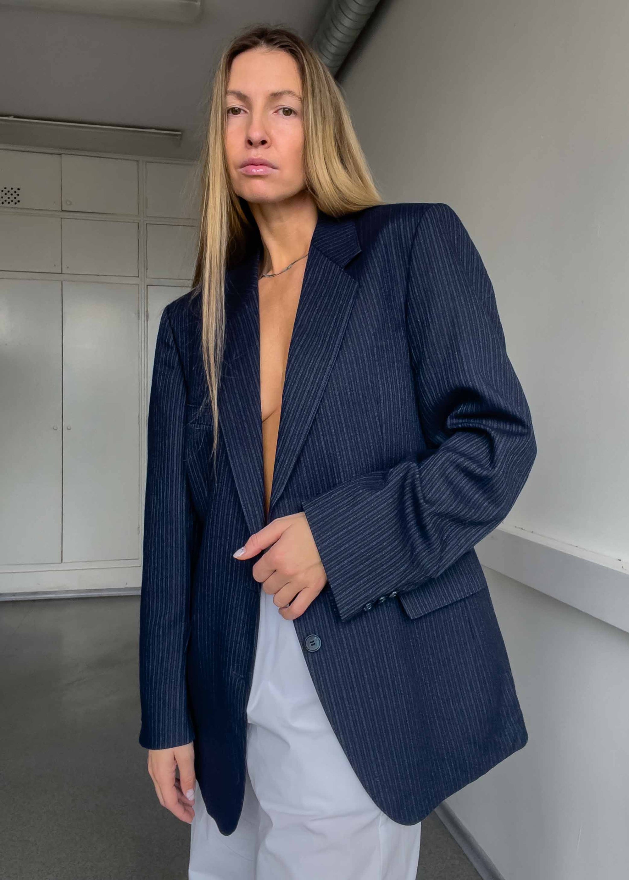 Vintage Navy Blue Striped Oversized 100% WOOL Blazer