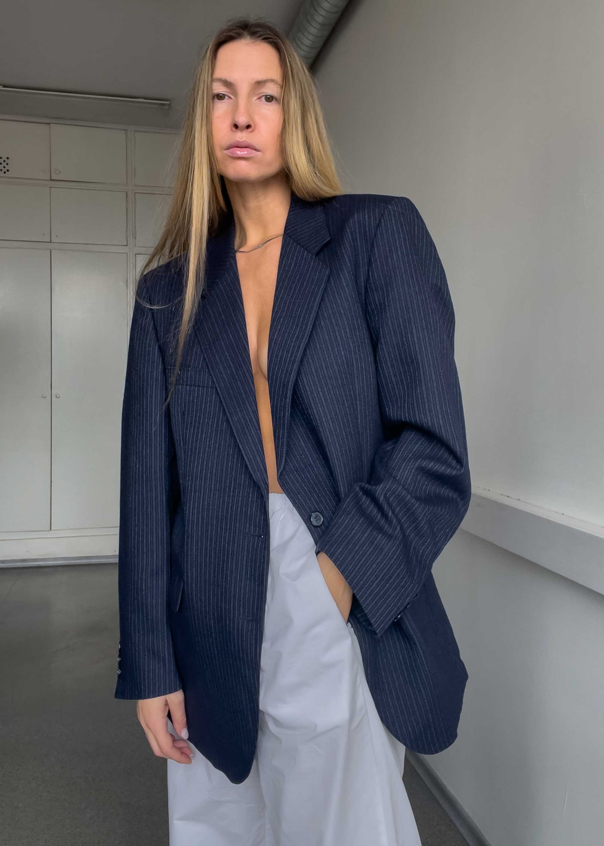 Vintage Navy Blue Striped Oversized 100% WOOL Blazer