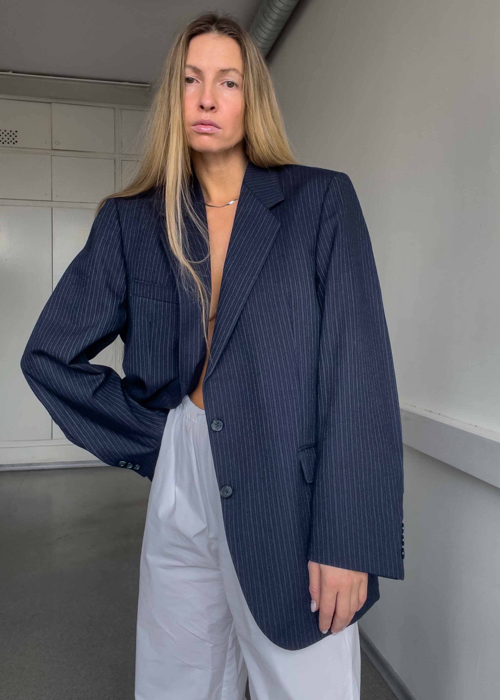 Vintage Navy Blue Striped Oversized 100% WOOL Blazer