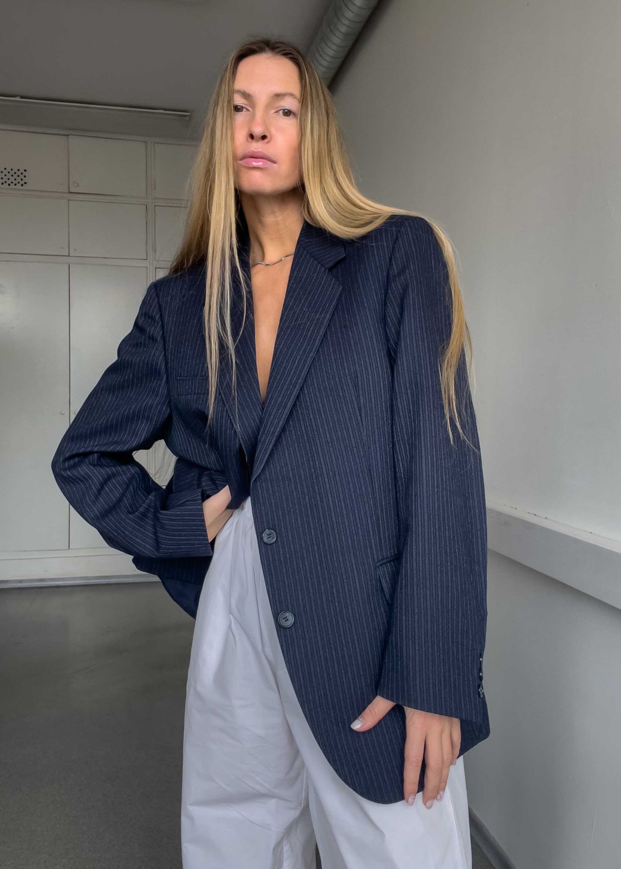 Vintage Navy Blue Striped Oversized 100% WOOL Blazer
