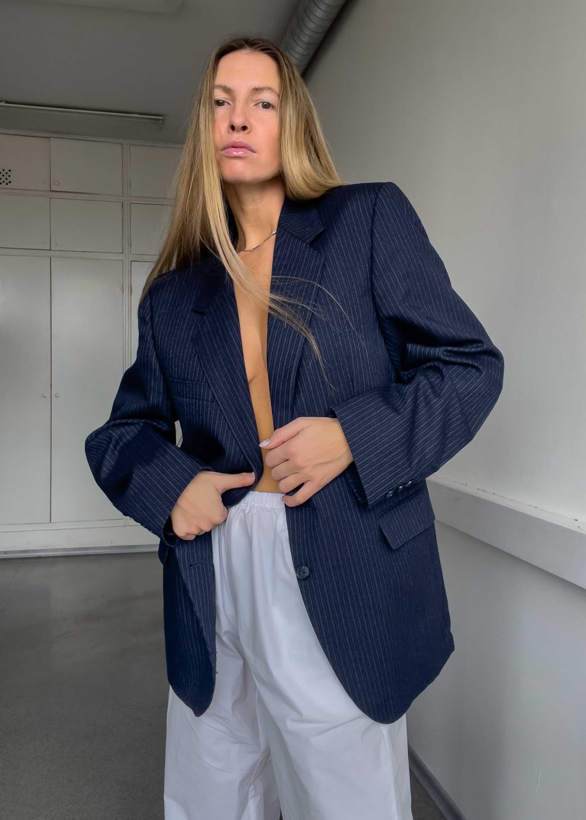 Vintage Navy Blue Striped Oversized 100% WOOL Blazer