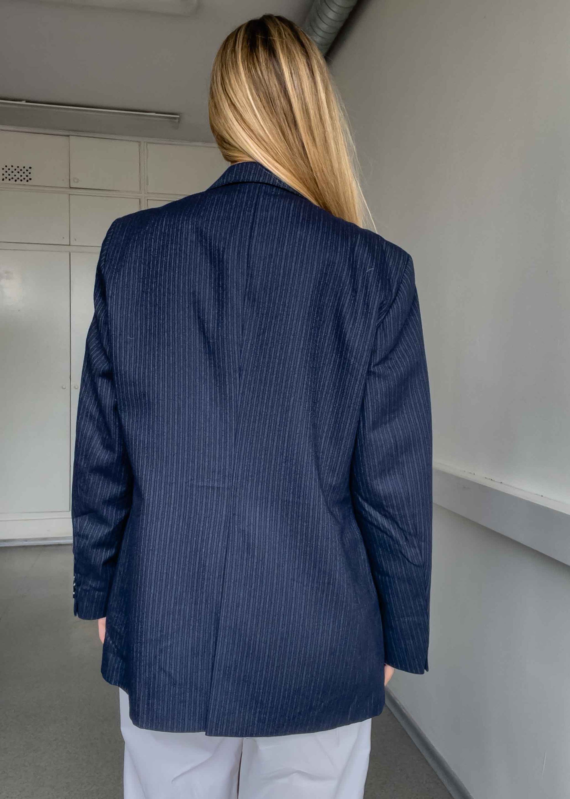 Vintage Navy Blue Striped Oversized 100% WOOL Blazer