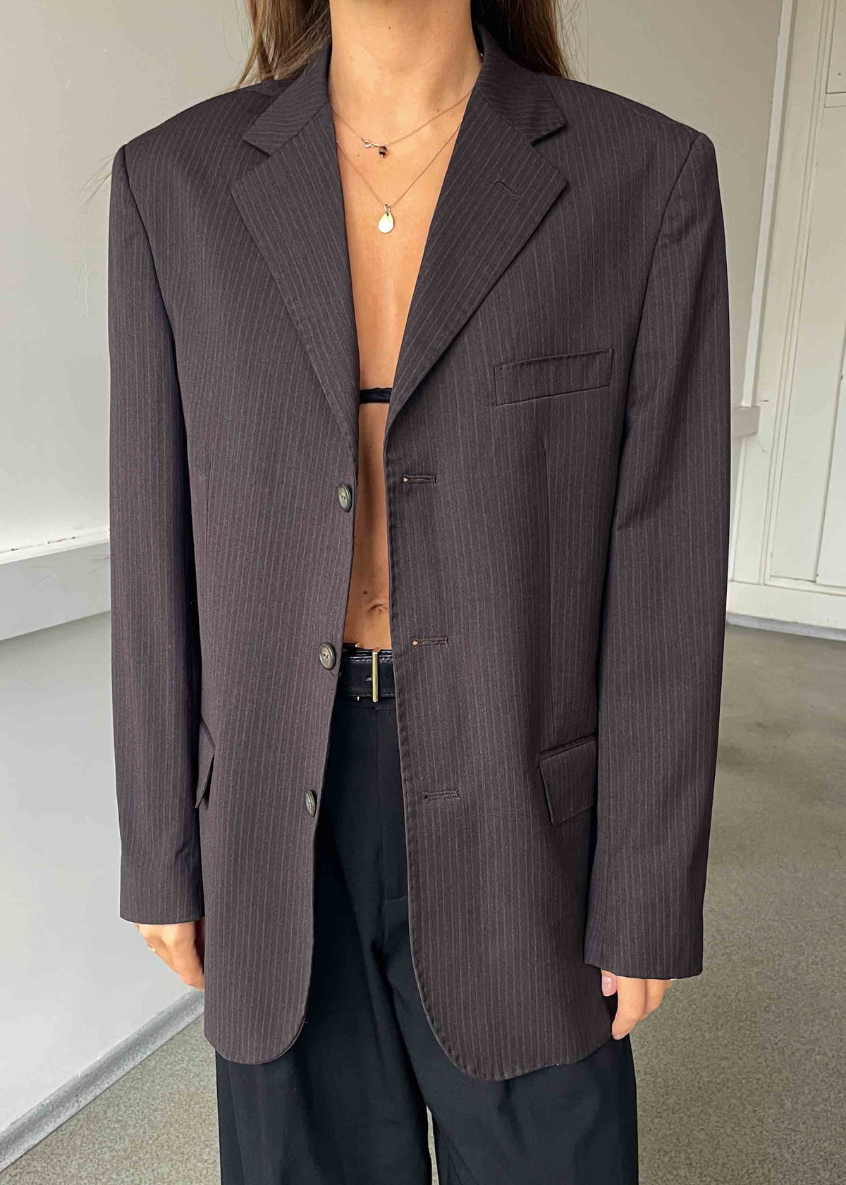Vintage Dark Brown Stripped Oversized Blazer