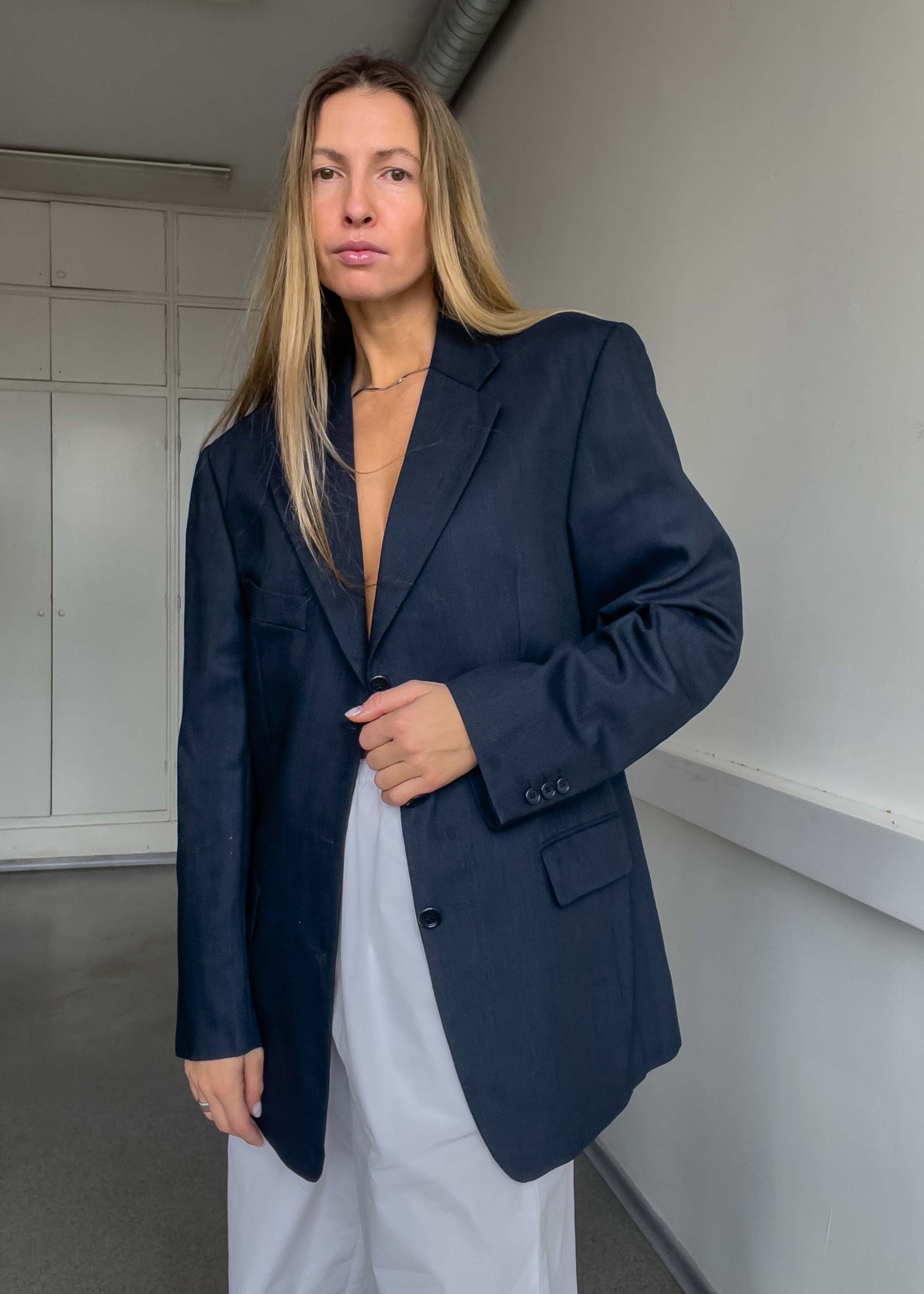 Vintage Blue Patterned Oversized 100% WOOL Blazer