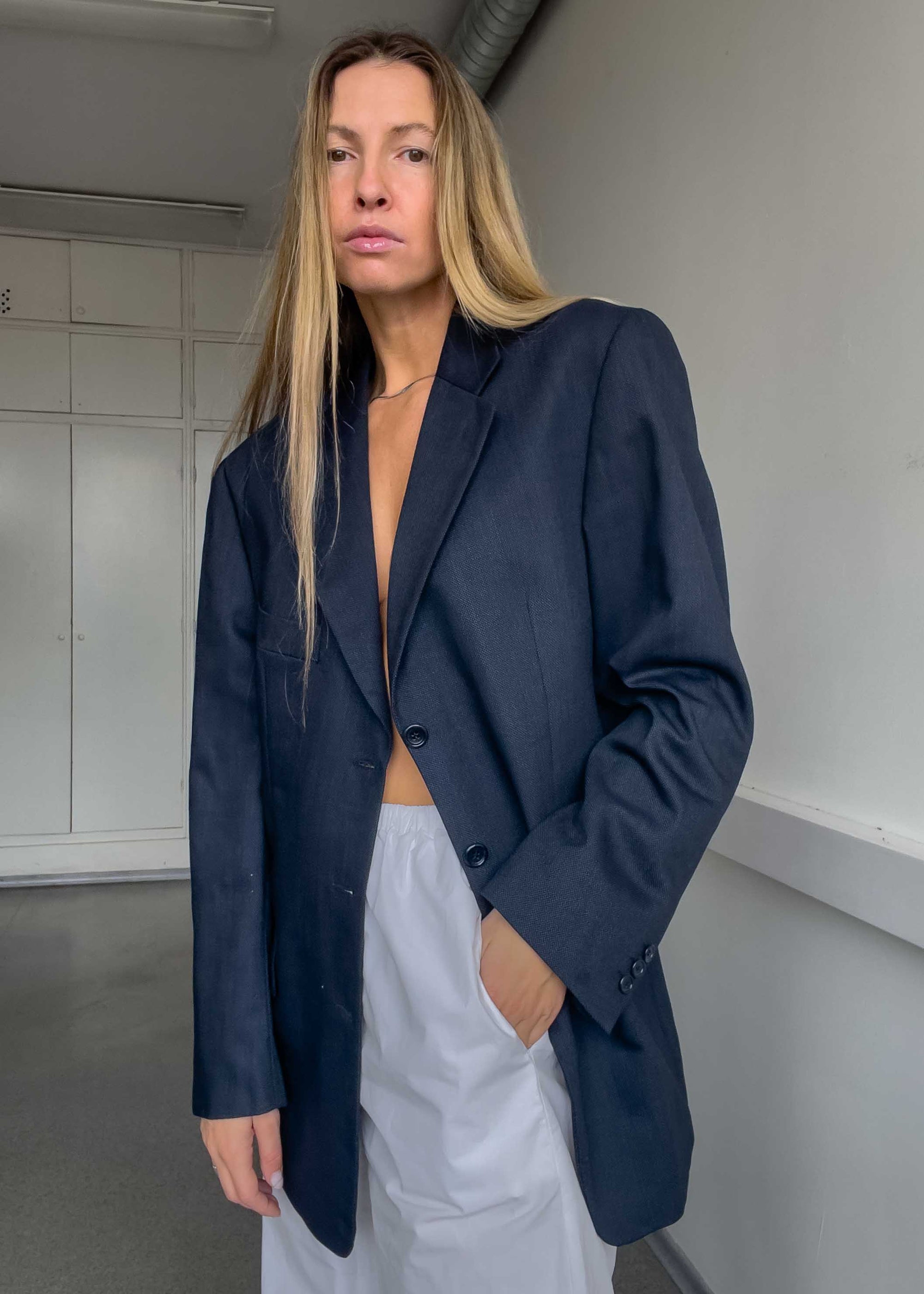 Vintage Blue Patterned Oversized 100% WOOL Blazer