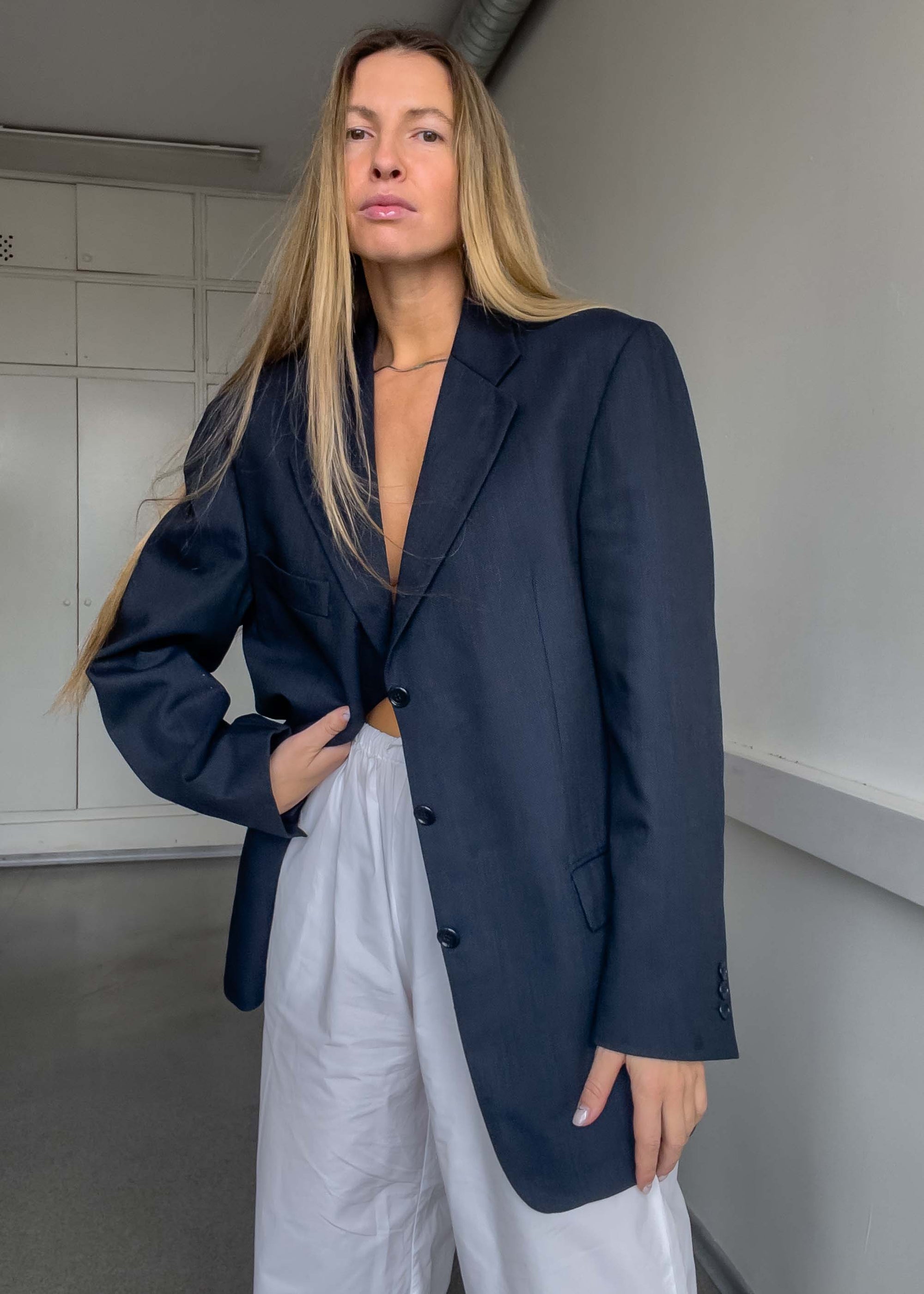 Vintage Blue Patterned Oversized 100% WOOL Blazer