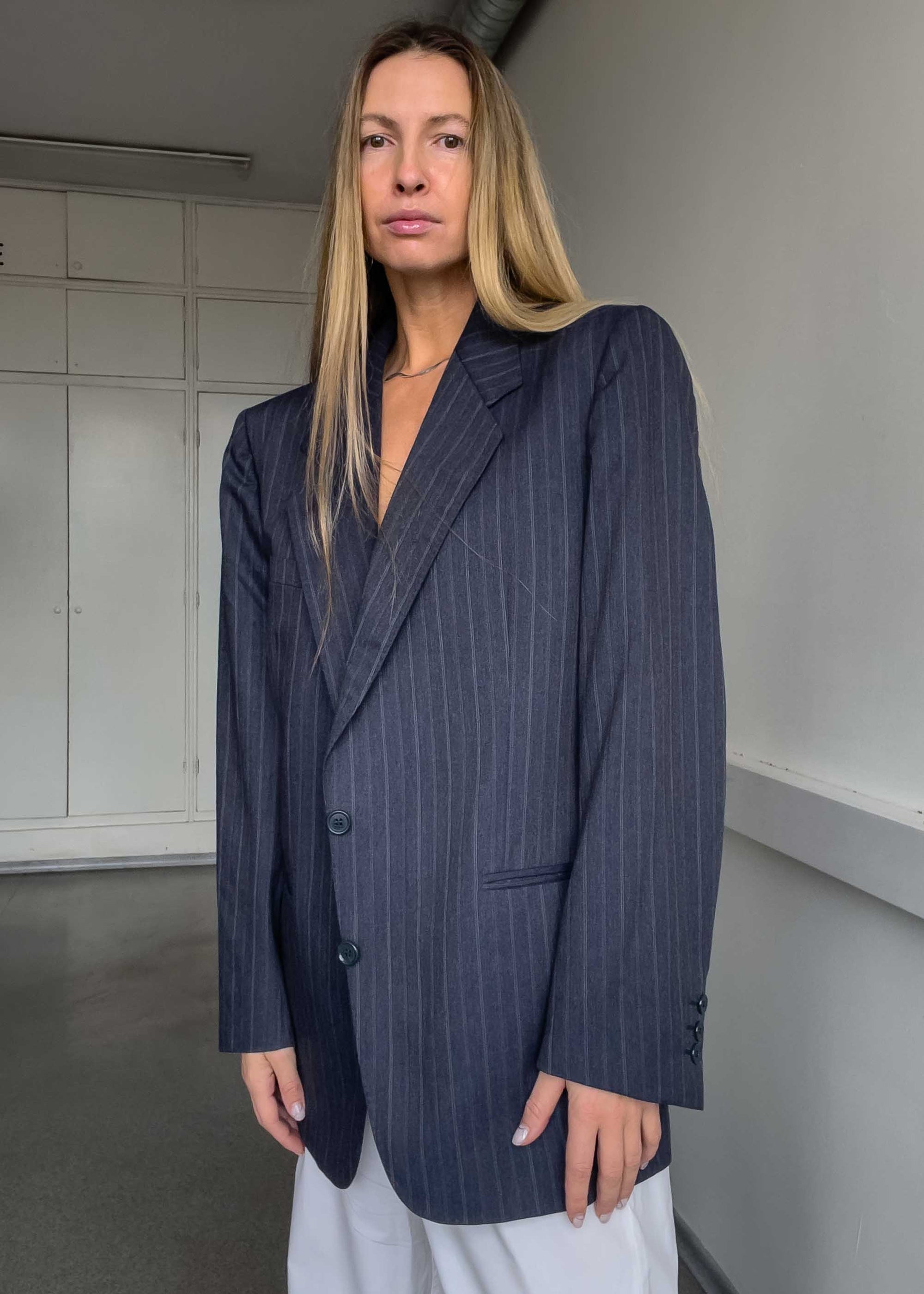 Vintage Blue Striped Oversized 100% WOOL Blazer