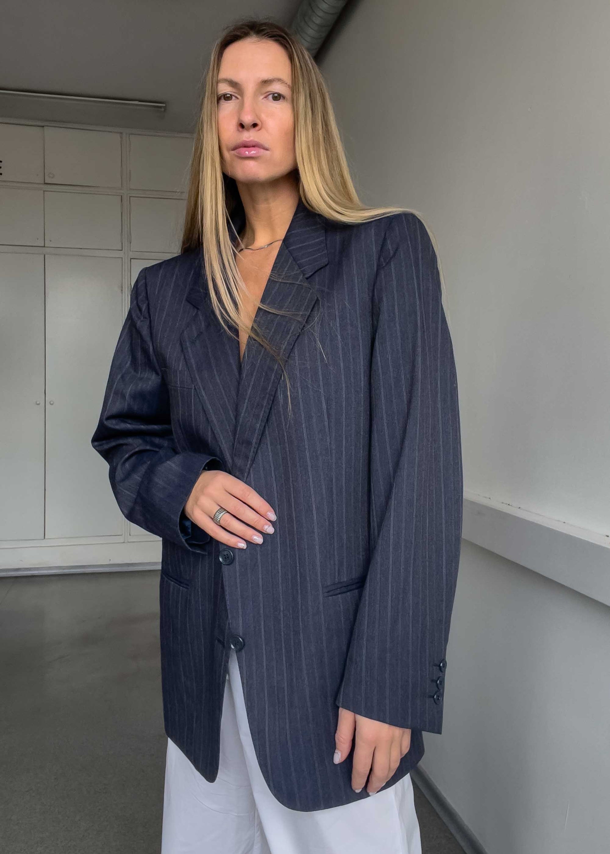 Vintage Blue Striped Oversized 100% WOOL Blazer