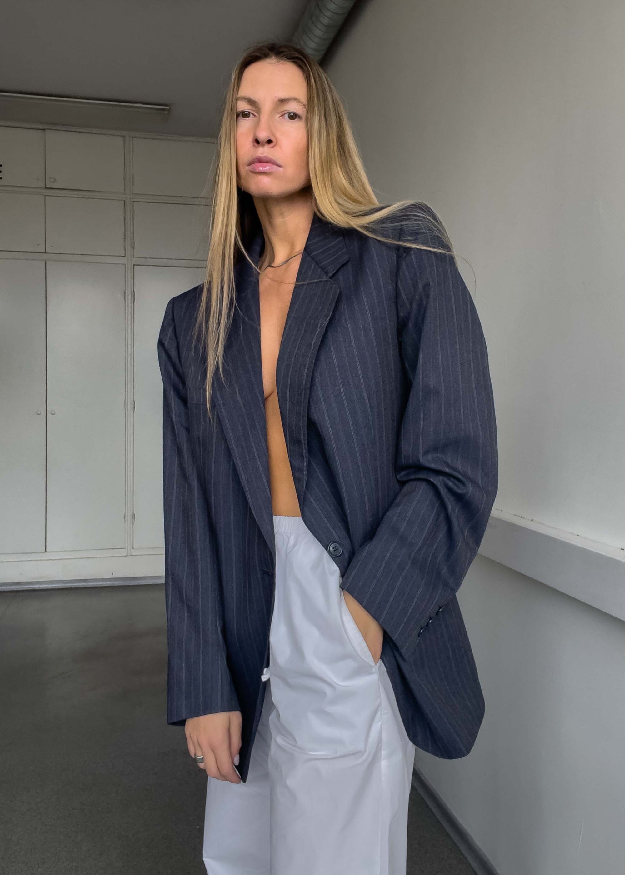 Vintage Blue Striped Oversized 100% WOOL Blazer