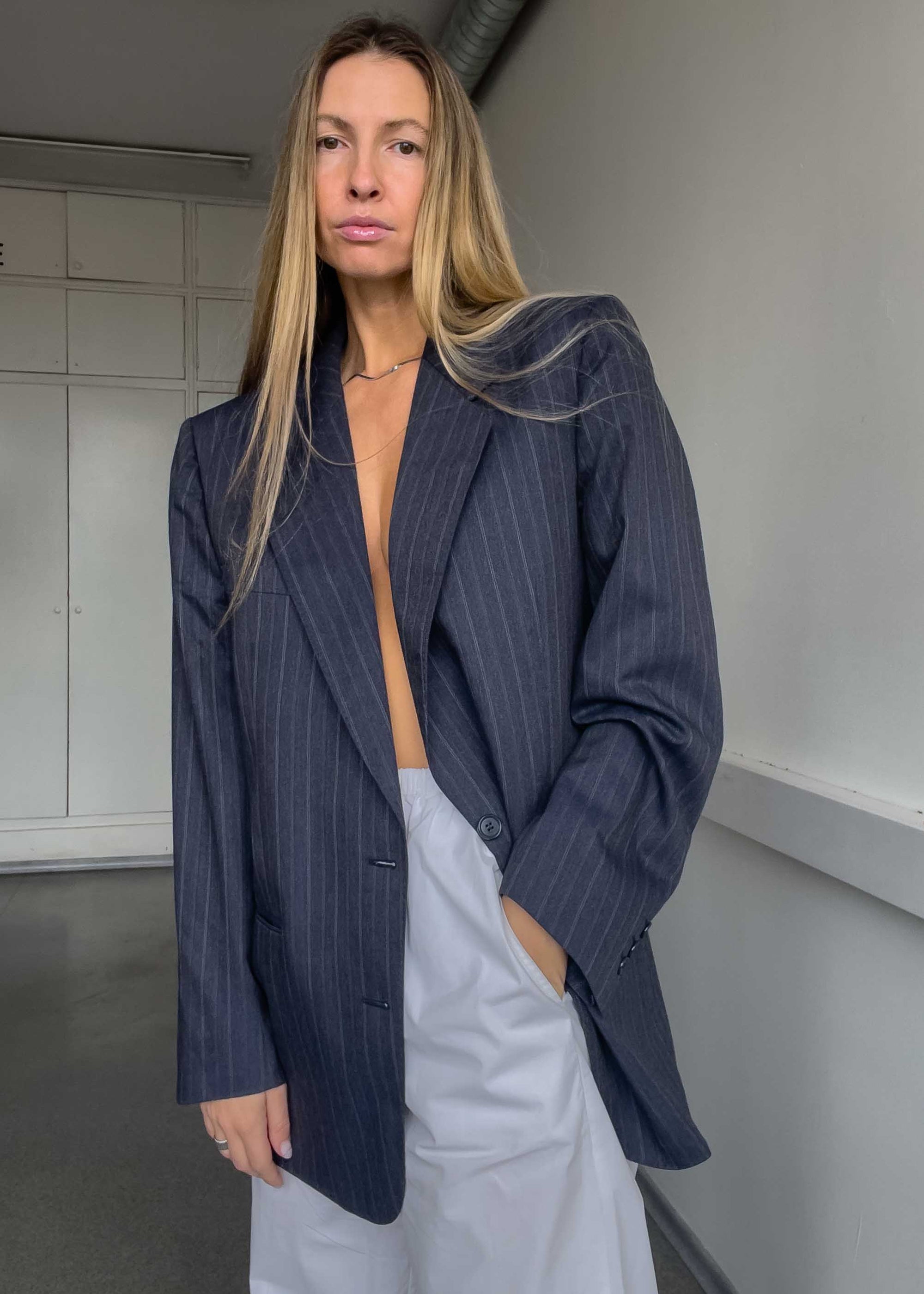 Vintage Blue Striped Oversized 100% WOOL Blazer