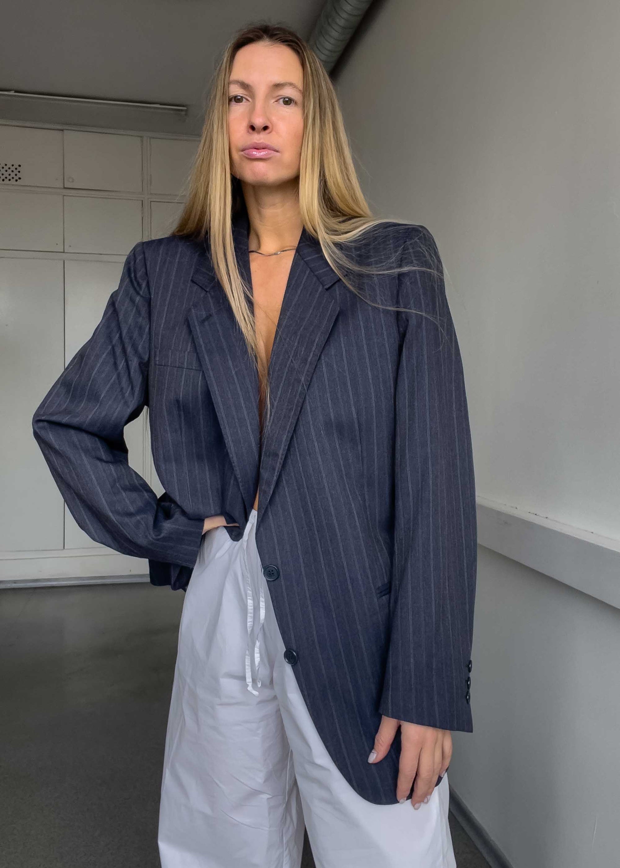 Vintage Blue Striped Oversized 100% WOOL Blazer