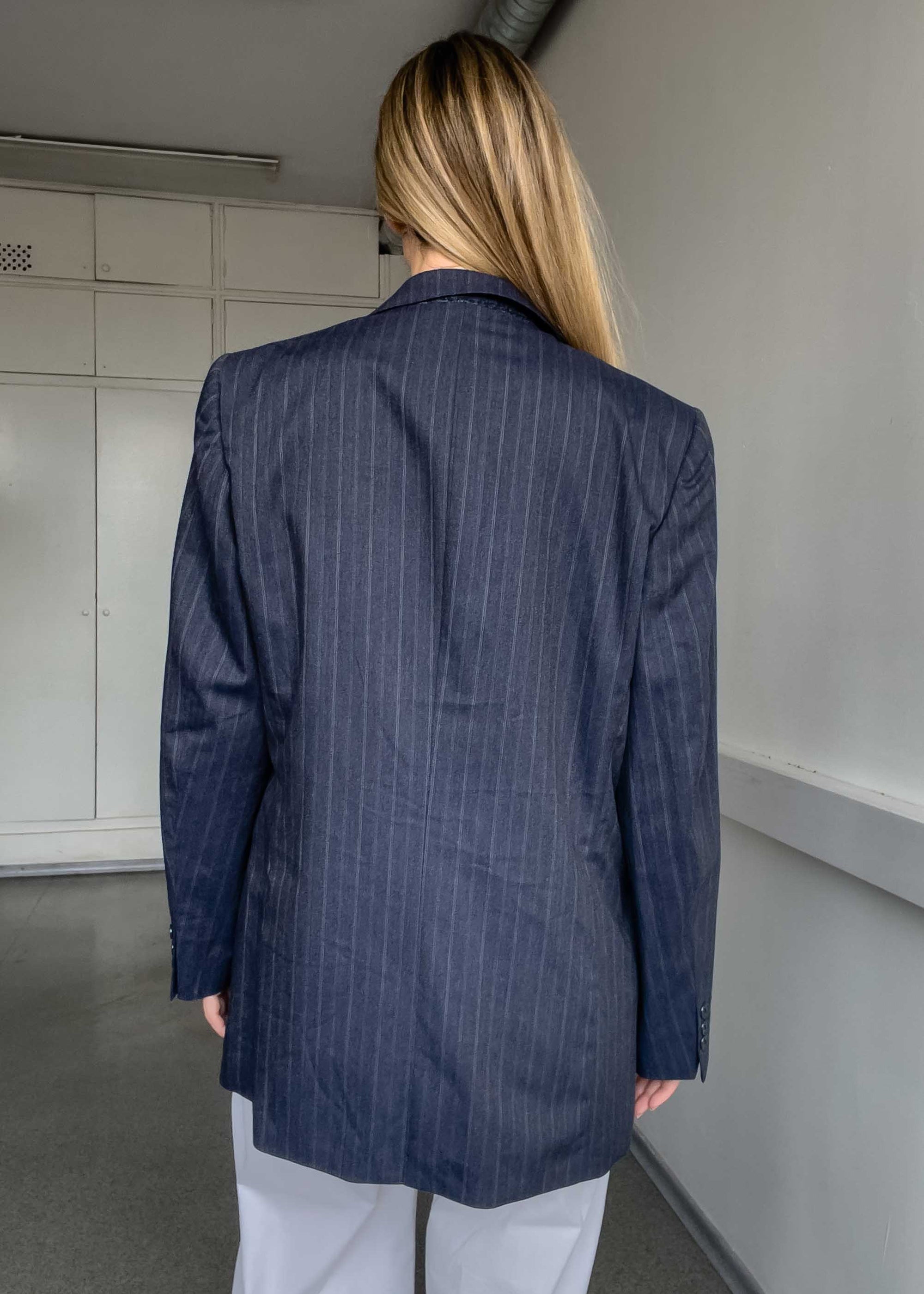 Vintage Blue Striped Oversized 100% WOOL Blazer